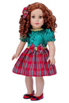 Christmas Classic - 3 Piece Outfit - Green and Red Party Dress, Red Shoes and Hair Bow - Clothes Fits 18 Inch Doll (Doll Not Included)