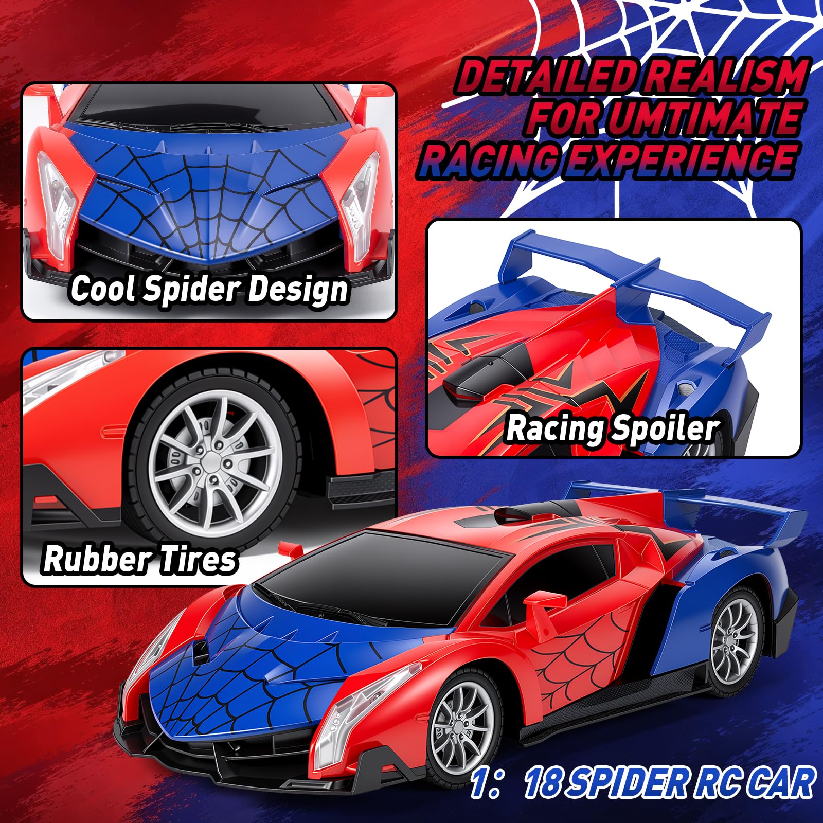 JolliBrix Spider Remote Control Car for Kids, RC Cars for Boys Kids 1:18 Electric Vehicle Toy Car Hobby Racing Car Toys with Lights & Controller