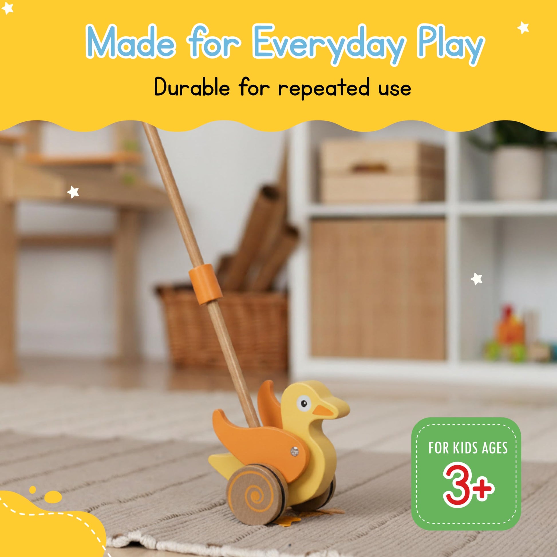 Wooden Duck Push Toy by Jack Rabbit Creations- Classic Toddler Push Toy for Early Walking, Balance and Motor Skills Development- Collapsible