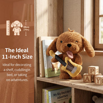 Cute Brown Dog Stuffed Animal with Guitar - 10.6 inch Soft Plush Puppy Toy, Winking Musical Doggy Plushie, Kawaii Room Decor & Birthday Gift for Kids