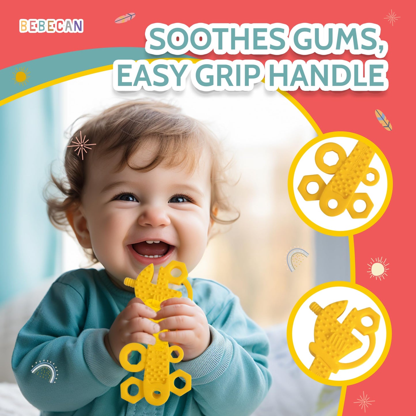 BEBECAN Teething Tools Teether for Baby - 5 Premium Food-Grade Silicone Baby Boy Teething Toys, 2 Straps for Safety and Travel Bag Tool Toys Provide