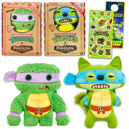 Fuggler Teenage Mutant Ninja Turtles Plushies Set for Kids - Bundle 2 Fuggler Donatello and Leonardo 9 Inch Dolls, Plus Sticker & More | TMNT Funny