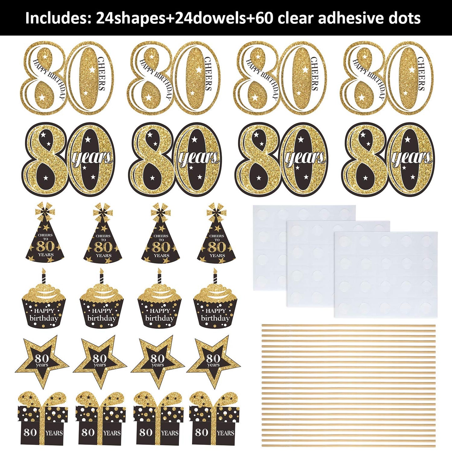 Blulu Birthday Party Decoration Set Golden Birthday Party Centerpiece Sticks Glitter Table Toppers Supplies, 24 Pack (80th)