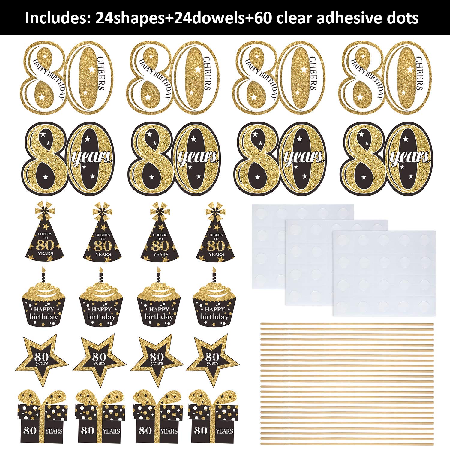 Blulu Birthday Party Decoration Set Golden Birthday Party Centerpiece Sticks Glitter Table Toppers Supplies, 24 Pack (80th)