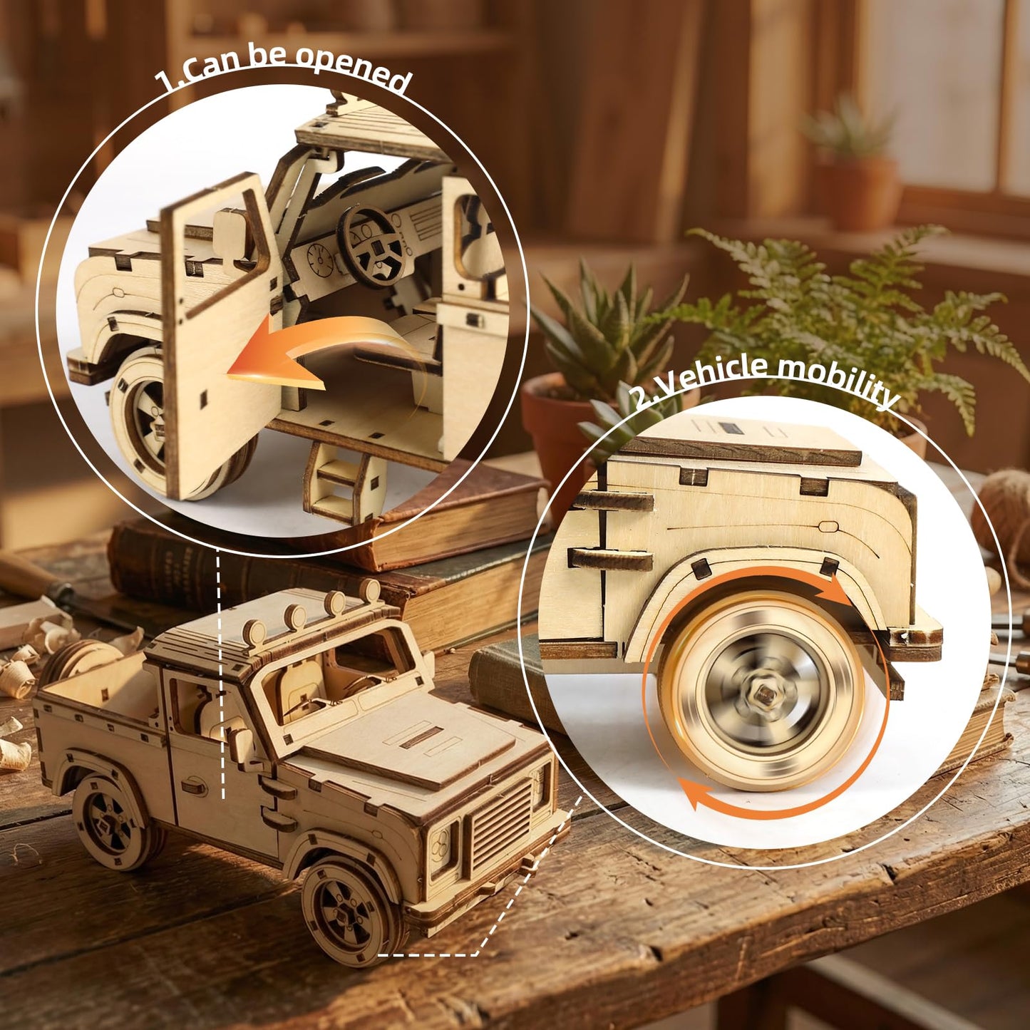 KOLOTESAME Vintage Off-Road Pickup Truck DIY 3D Wooden Puzzle Model, Classic Pickup Car Wooden Model Kit with Moving Doors & Wheels, 152 Pieces Craft