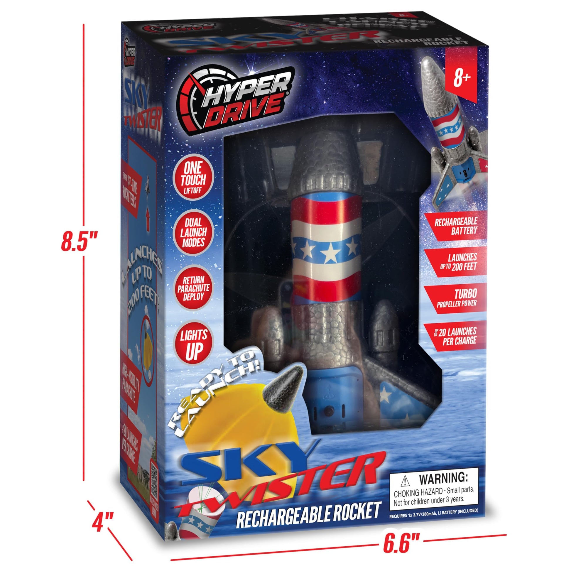 Hyper Drive SkyTwister Rocket - Rechargeable Electric Launch Rocket With Parachute Deploy - Flies Up To 200 Feet - Safe Toy For Kids Ages 8+ - Fully