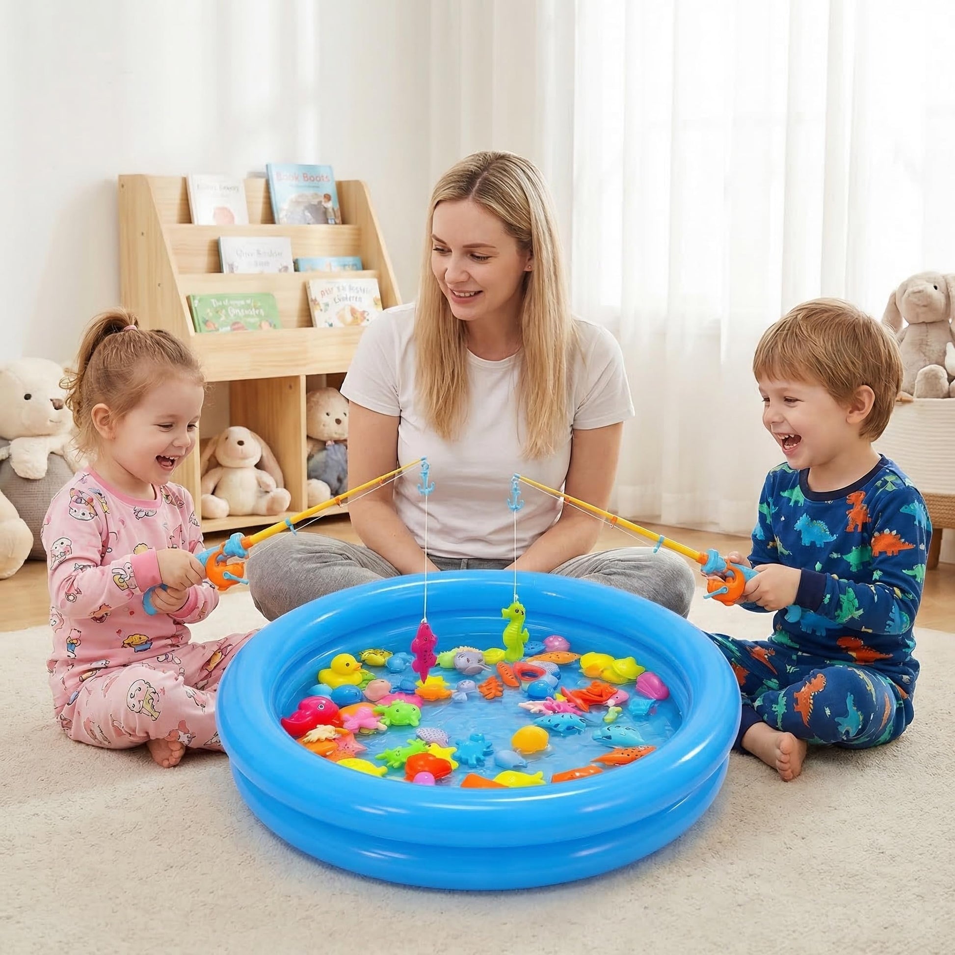 Magnetic Fishing Game Pool Toys for Kids, Water Table Bathtub Toy Fishing with Inflatable Pool, Water Bath Pool Outdoor Toys for Kids Outdoor Indoor