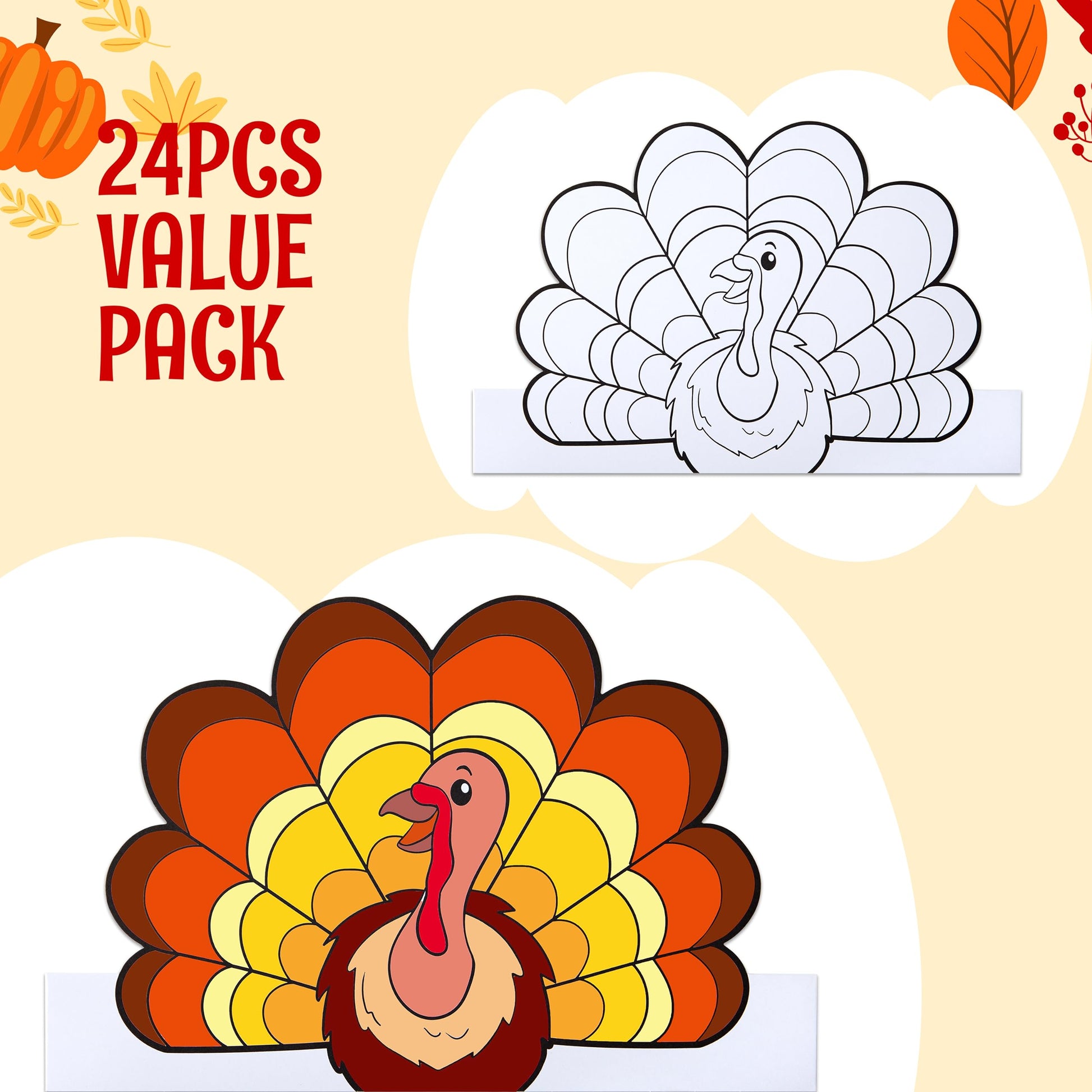 JOYIN 24 Pcs Thanksgiving Coloring Headbands, Color Your Own Turkey Crowns Kids Craft Set for Thanksgiving Kids School Activities Class Events Party