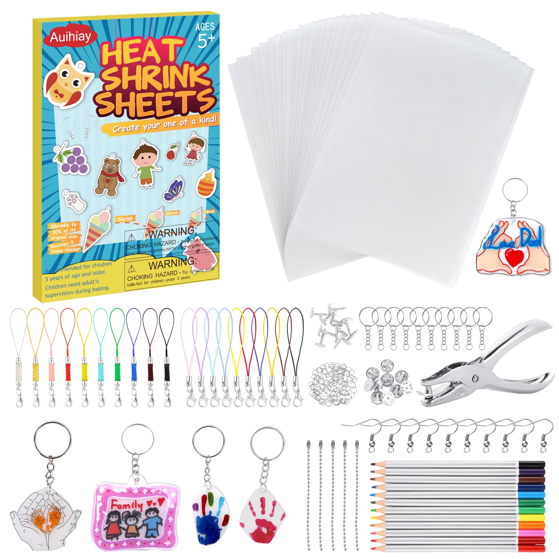 Auihiay 198 Pieces Shrink Plastic Kit Includes 20 Sheets Shrink Papers, Hole Punch, Keychain Accessories and Pencils for Shrink Art and DIY Keychain