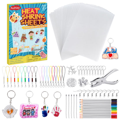 Auihiay 198 Pieces Shrink Plastic Kit Includes 20 Sheets Shrink Papers, Hole Punch, Keychain Accessories and Pencils for Shrink Art and DIY Keychain