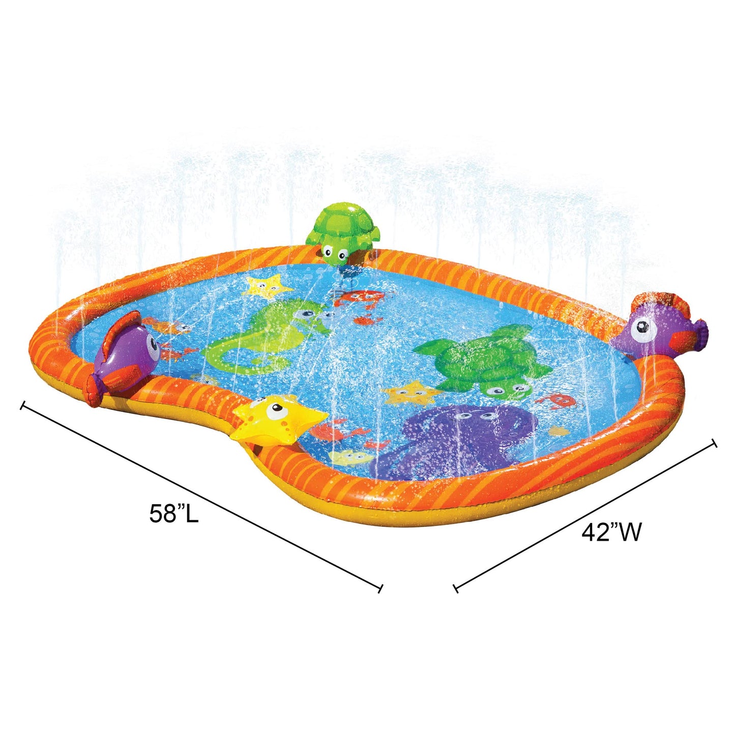 BANZAI Splash Pad Toddler Water Play Mat, 58 in Outdoor Kids Sprinkler Mat with 3D Sea Characters, Baby Splash Pad for Backyard Summer Fun