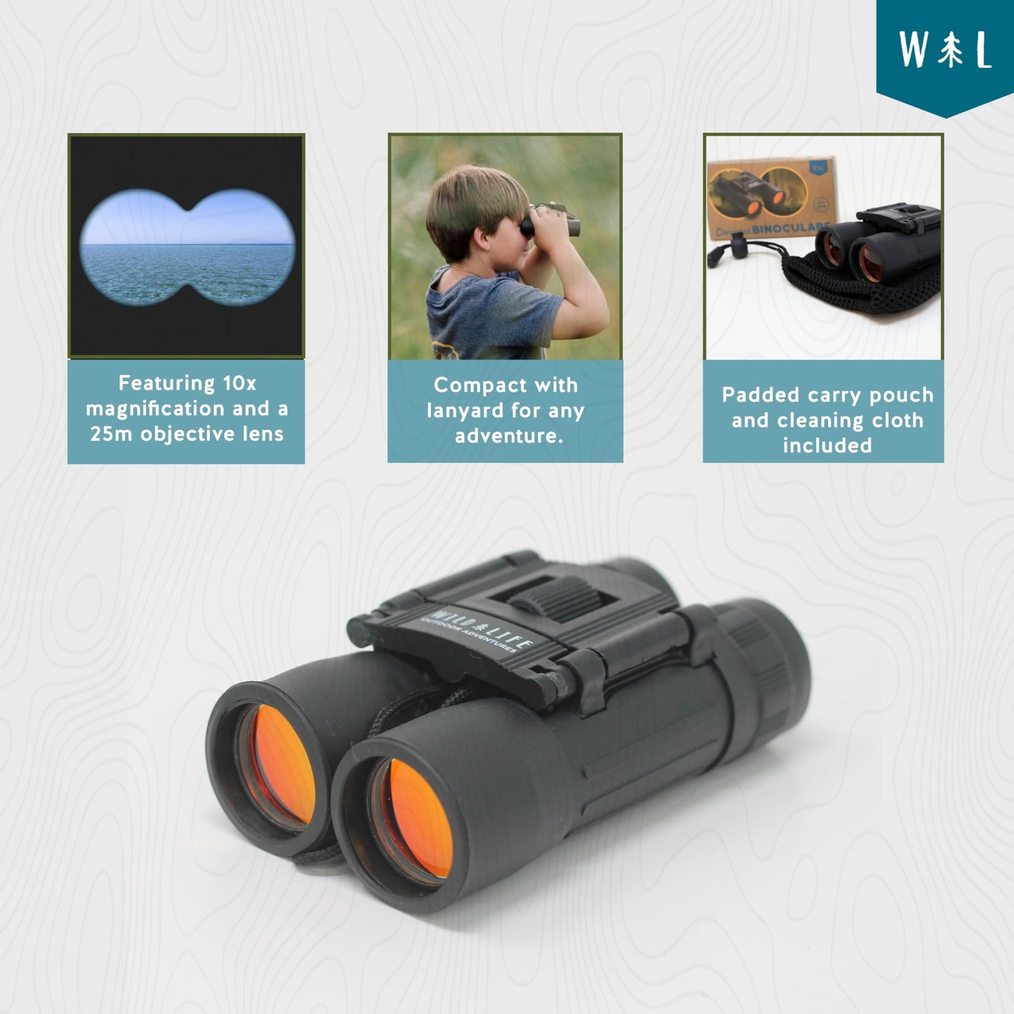 Wild Life Outdoor Adventures Compact Binoculars 10x25 for Kids & Beginners