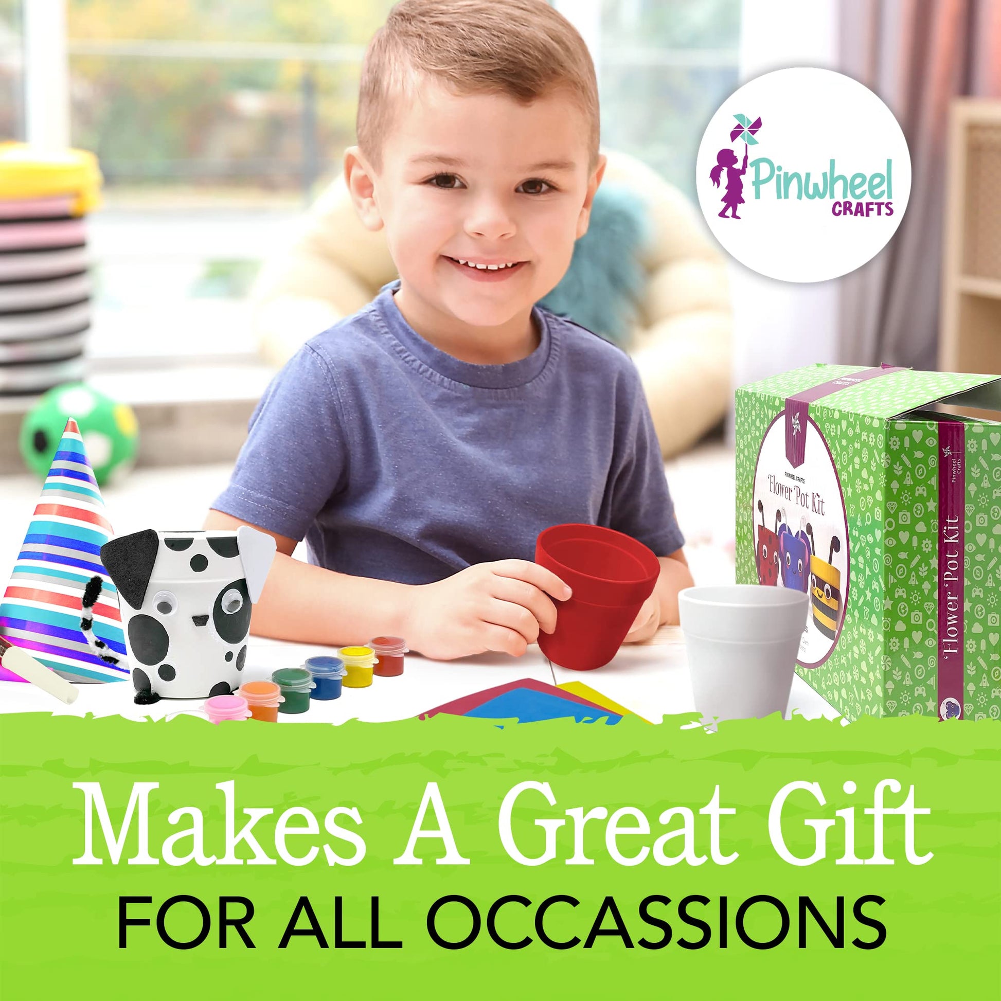 Pinwheel Crafts Flower Pot Painting Kit - DIY Flower Pots to Paint for Kids with 8 Paints, 2 Brushes, 3 Pots & 6 Googly Eyes, Gardening Kit for Kids