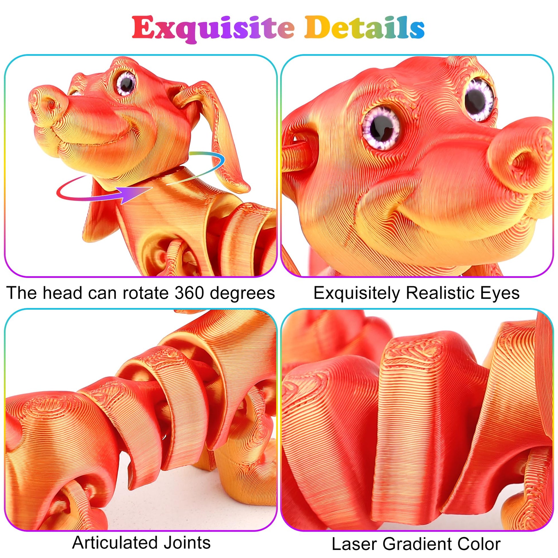 SUKIPIN 3D Printed Animals, 4 Pack Articulated Dog Fidget Toy ADHD Relief