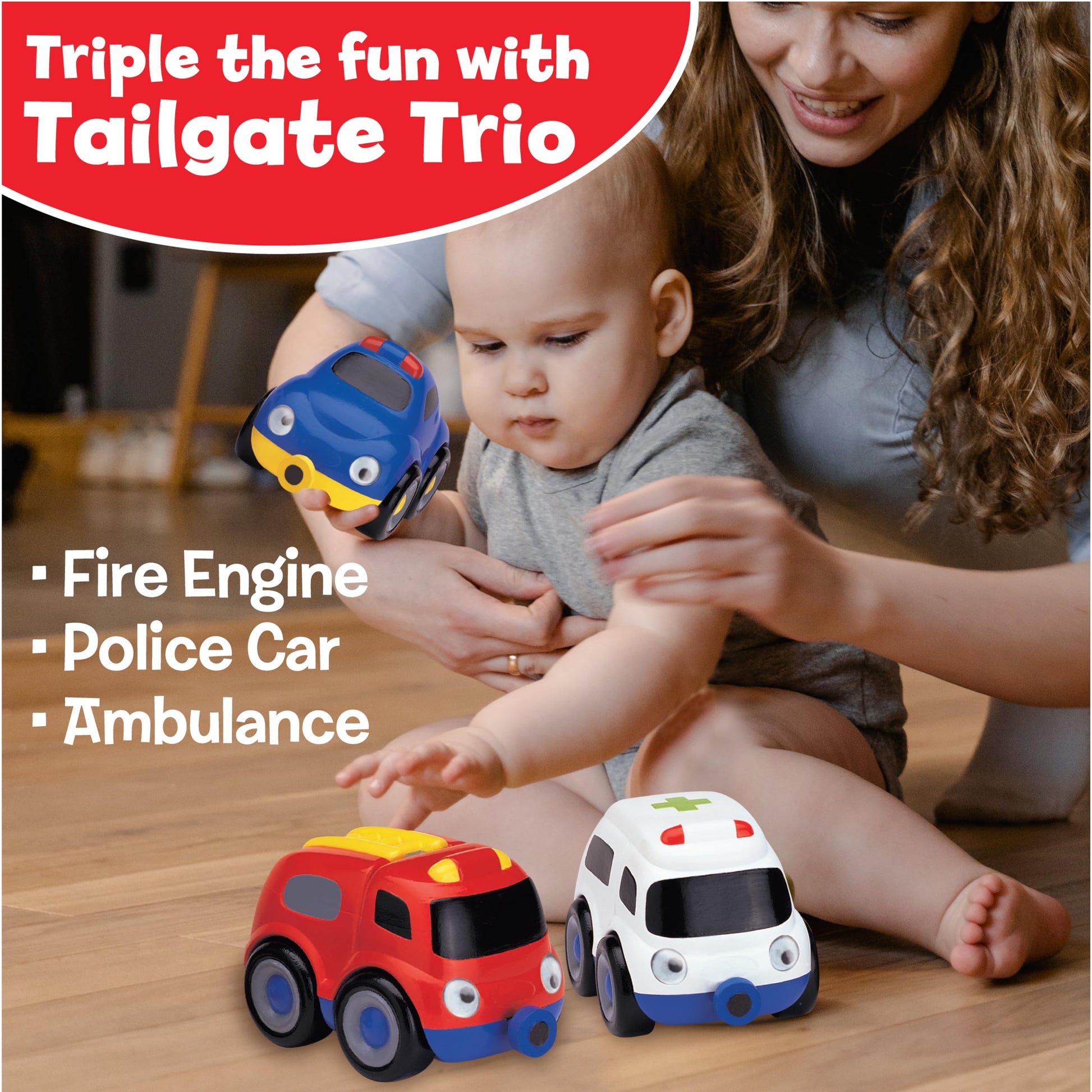 Small World Toys Emergency Vehicle Toys, Magnetic Tailgate Trio Cars for Toddlers 1-3, Preschool Mini Car Toys, Fire Engine, Police Car & Ambulance