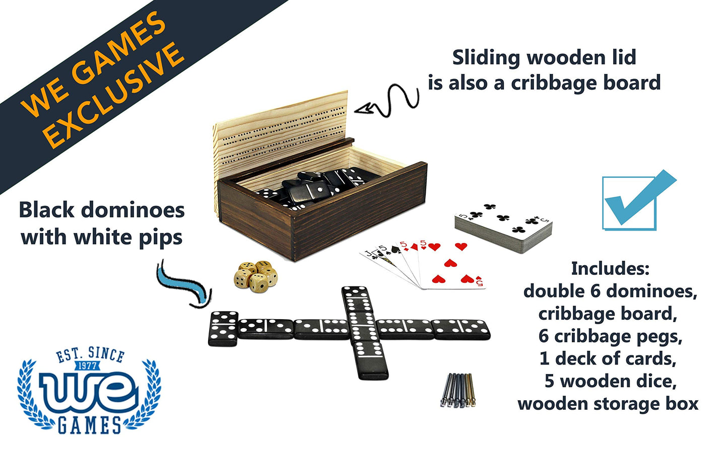 WE Games Custom Engraved 10-in-1 Combination Set - Dominoes, Cribbage, Cards, and Dice