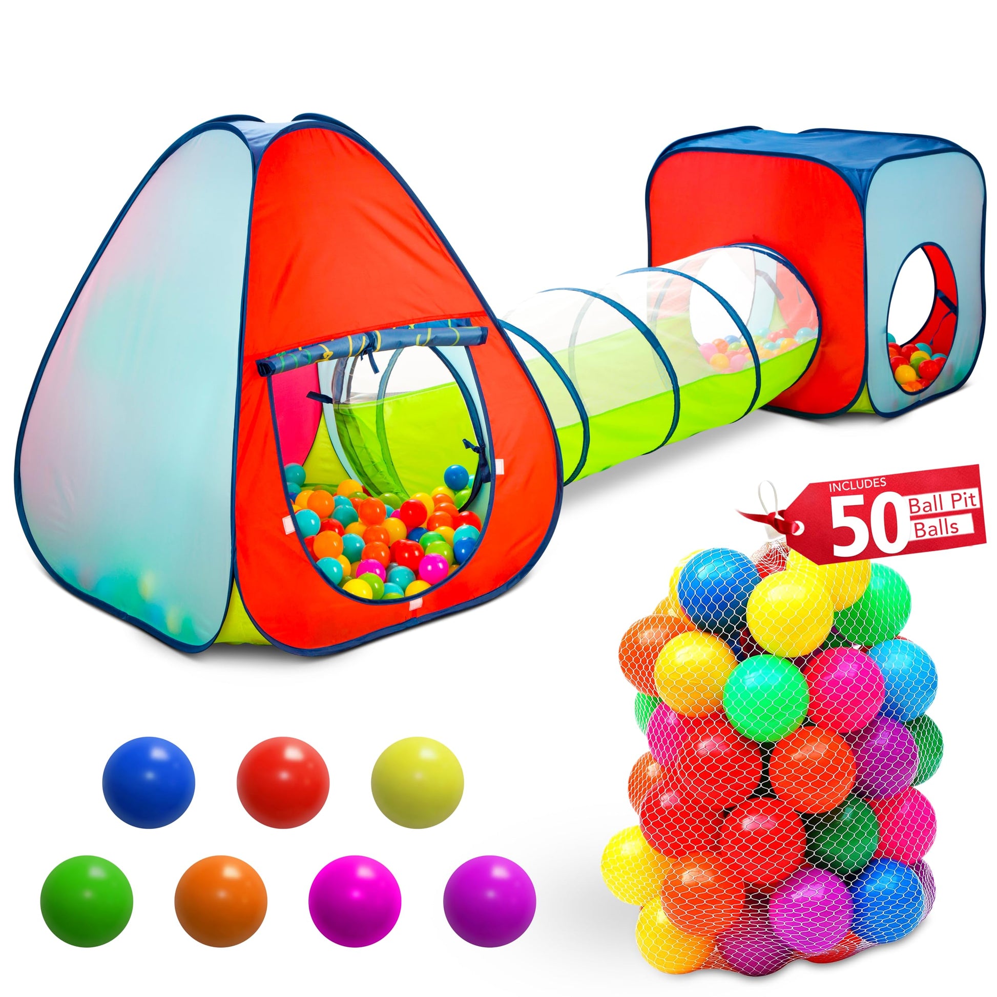 Kids Play Tent with 50 Balls - 3-Piece Tunnel & Ball Pit Combo - Indoor/Outdoor Pop-Up Set with Mesh Panels & Carry Bag