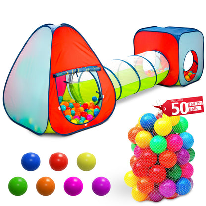 Kids Play Tent with 50 Balls - 3-Piece Tunnel & Ball Pit Combo - Indoor/Outdoor Pop-Up Set with Mesh Panels & Carry Bag
