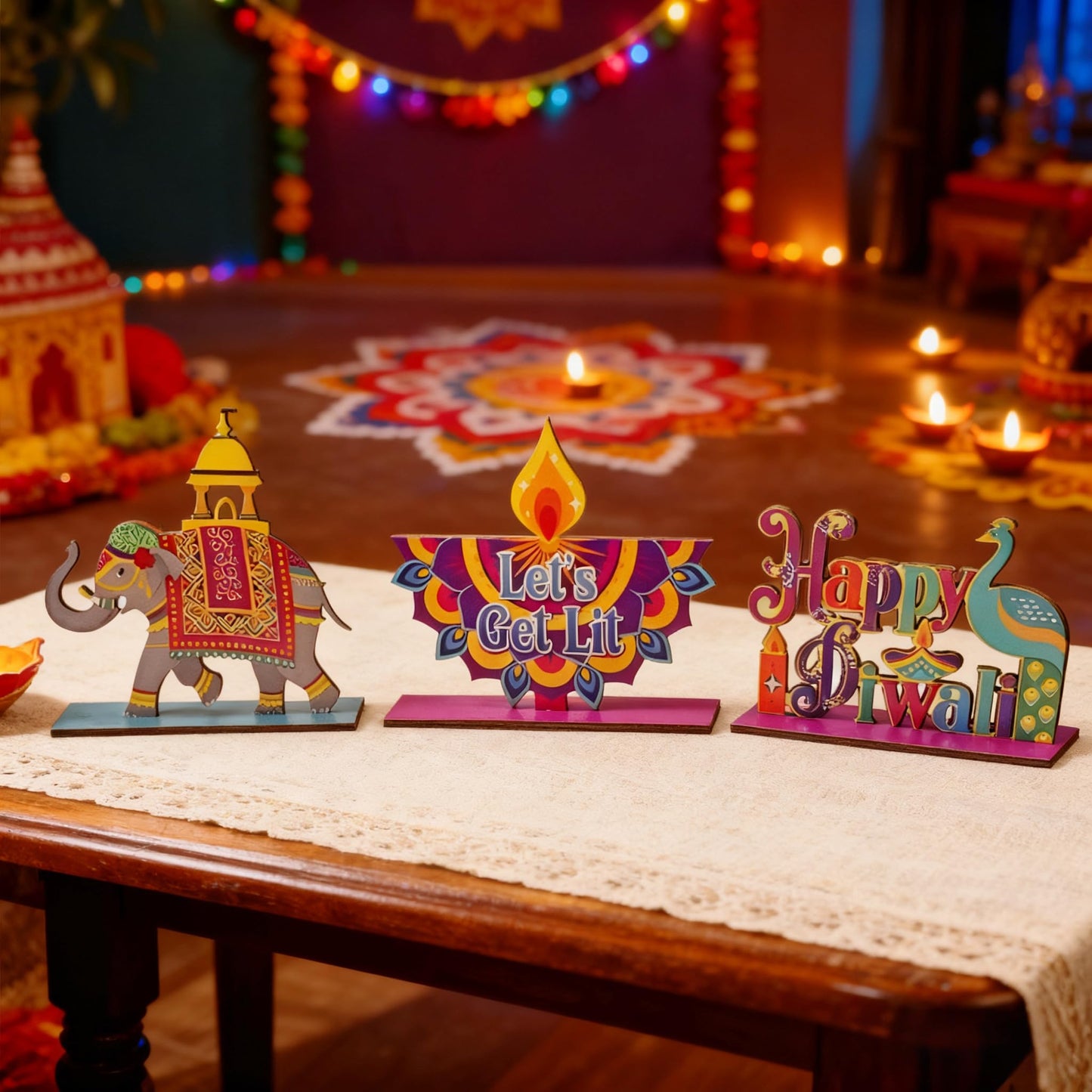 KYMY Diwali Wooden Table Decorations, 3 Pcs Deepavali Rangoli Wood Centerpieces, Festival of Lights Diyas Desktop Signs & Ornaments for Indian Hindu