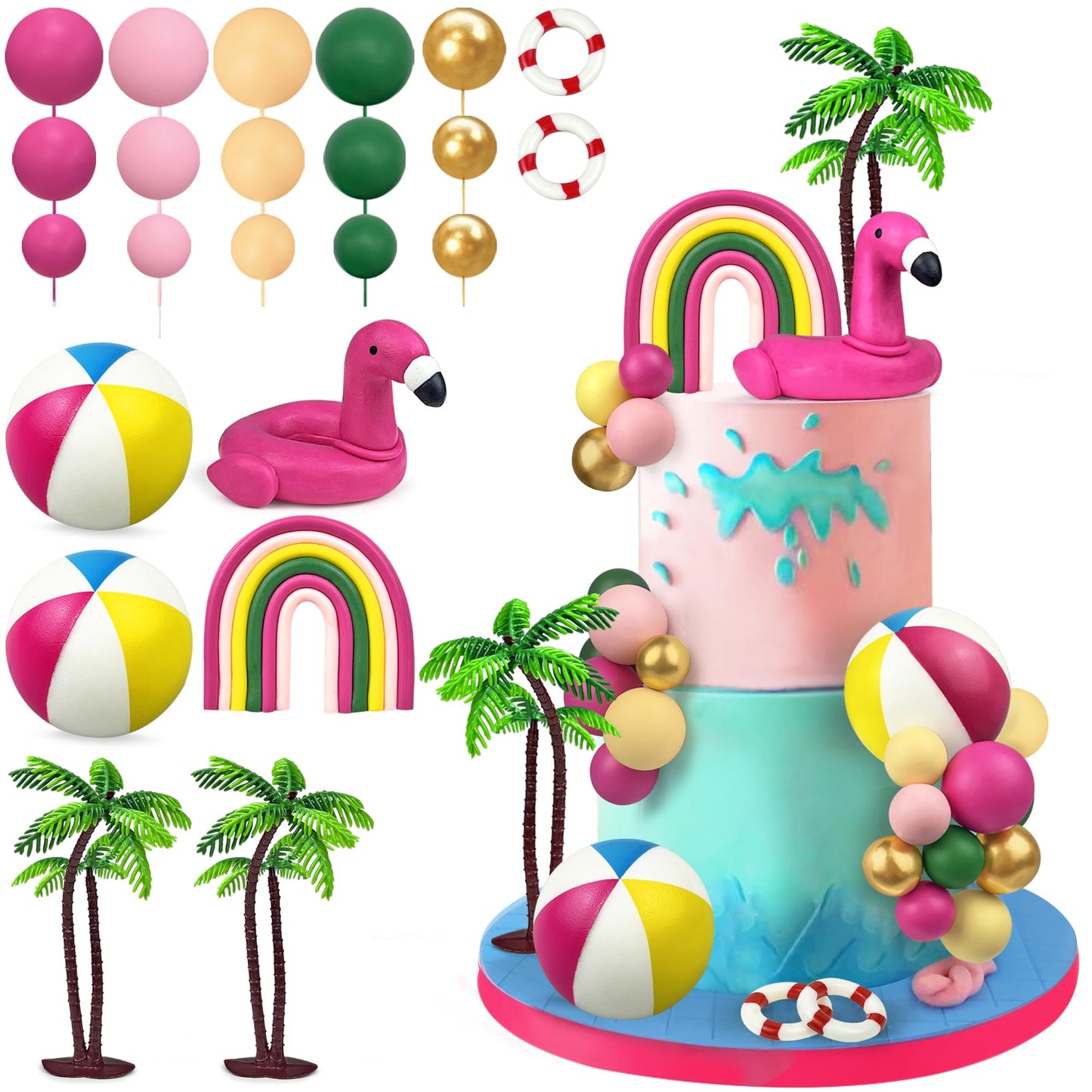 23 PCS Hawaiian Beach Cake Decoration Set Summer Cake Decor with Flamingo Rainbow and Coconut Tree Toppers for Hawaiian Theme Party