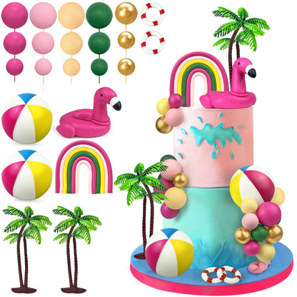 23 PCS Hawaiian Beach Cake Decoration Set Summer Cake Decor with Flamingo Rainbow and Coconut Tree Toppers for Hawaiian Theme Party