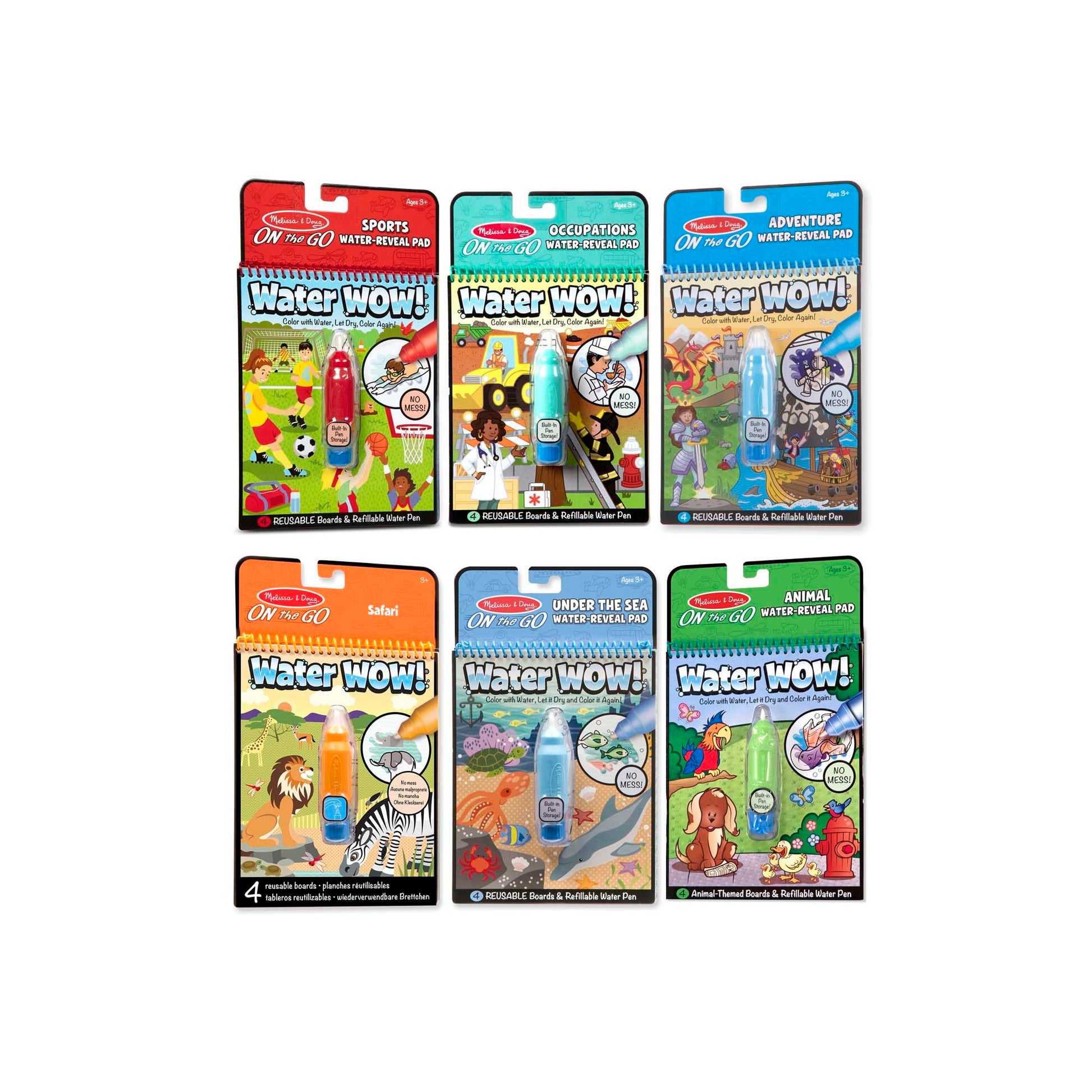 Melissa & Doug On the Go Water Wow! Reusable Color with Water Activity Pad 6-Pack, Sports, Occupations, Adventure, Safari, Under the Sea, Animals -