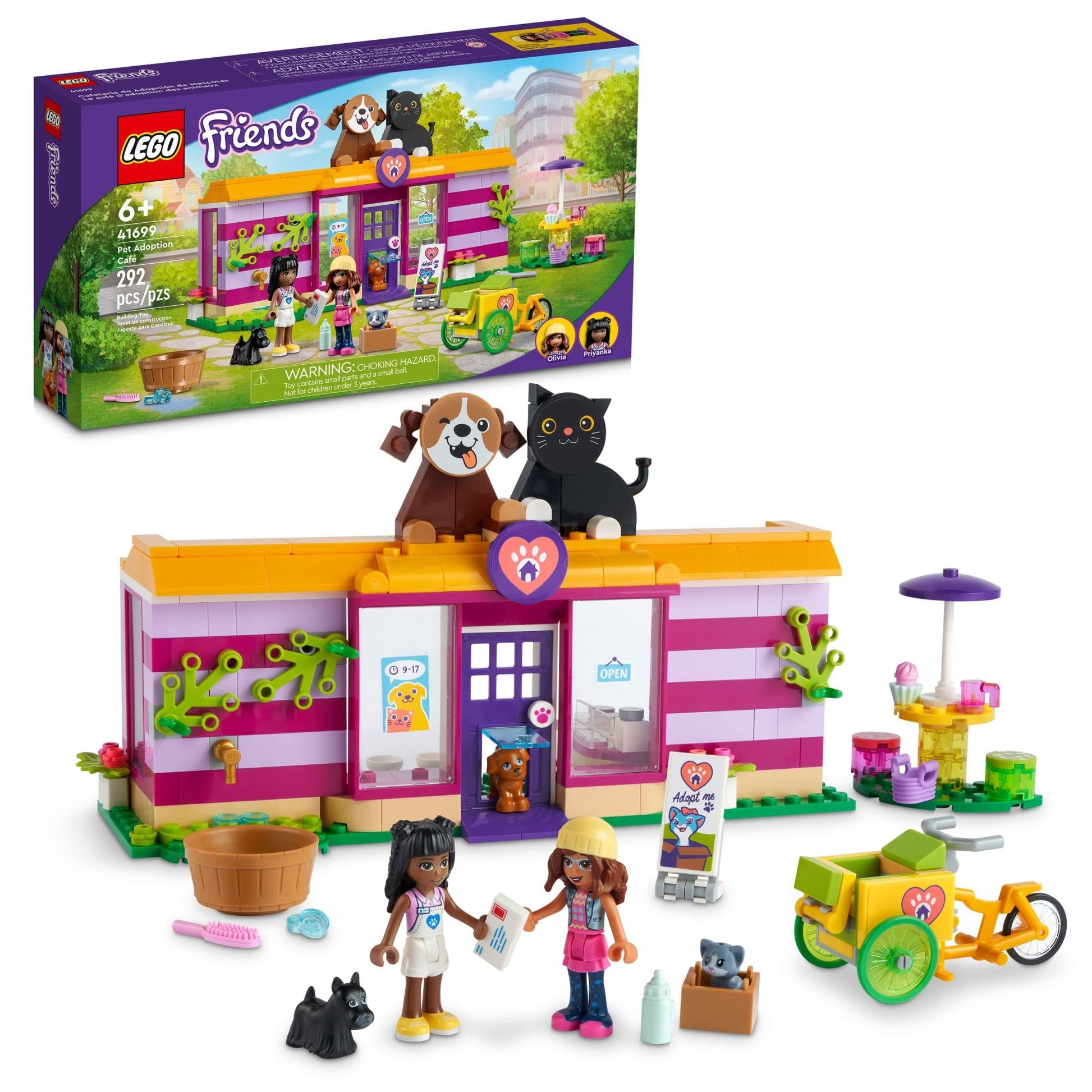 LEGO Friends Pet Adoption Café 41699 Building Toy - Collectible Animal Rescue Set with Olivia & Priyanka Mini-Dolls, Cat & Dog Figures, Creative Toys