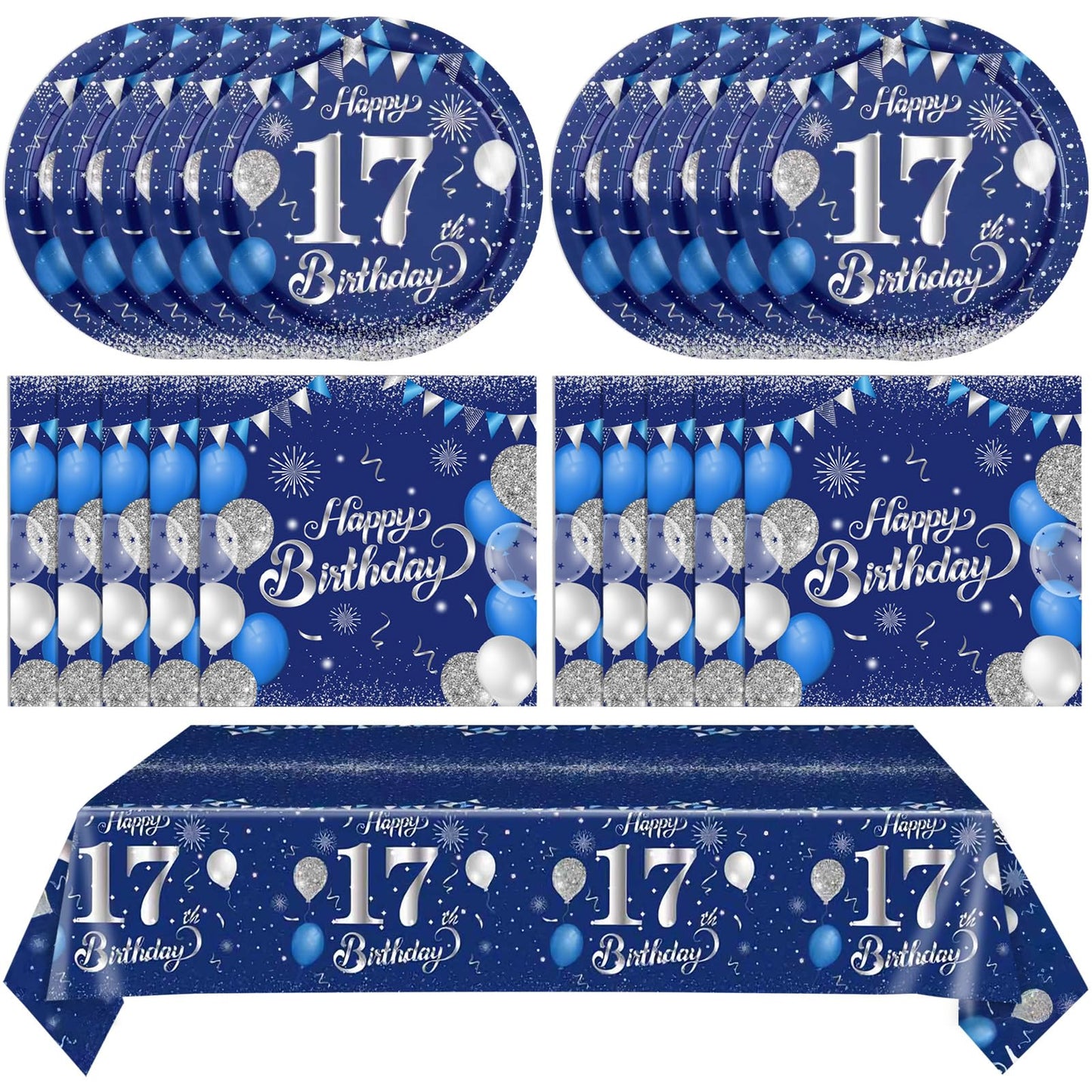 41 PCS 17th Birthday Decorations for Boys Girls Disposable Blue Sliver 17 Year Old Tableware Happy 17th Birthday Dessert Plates Napkins Tablecloth Set