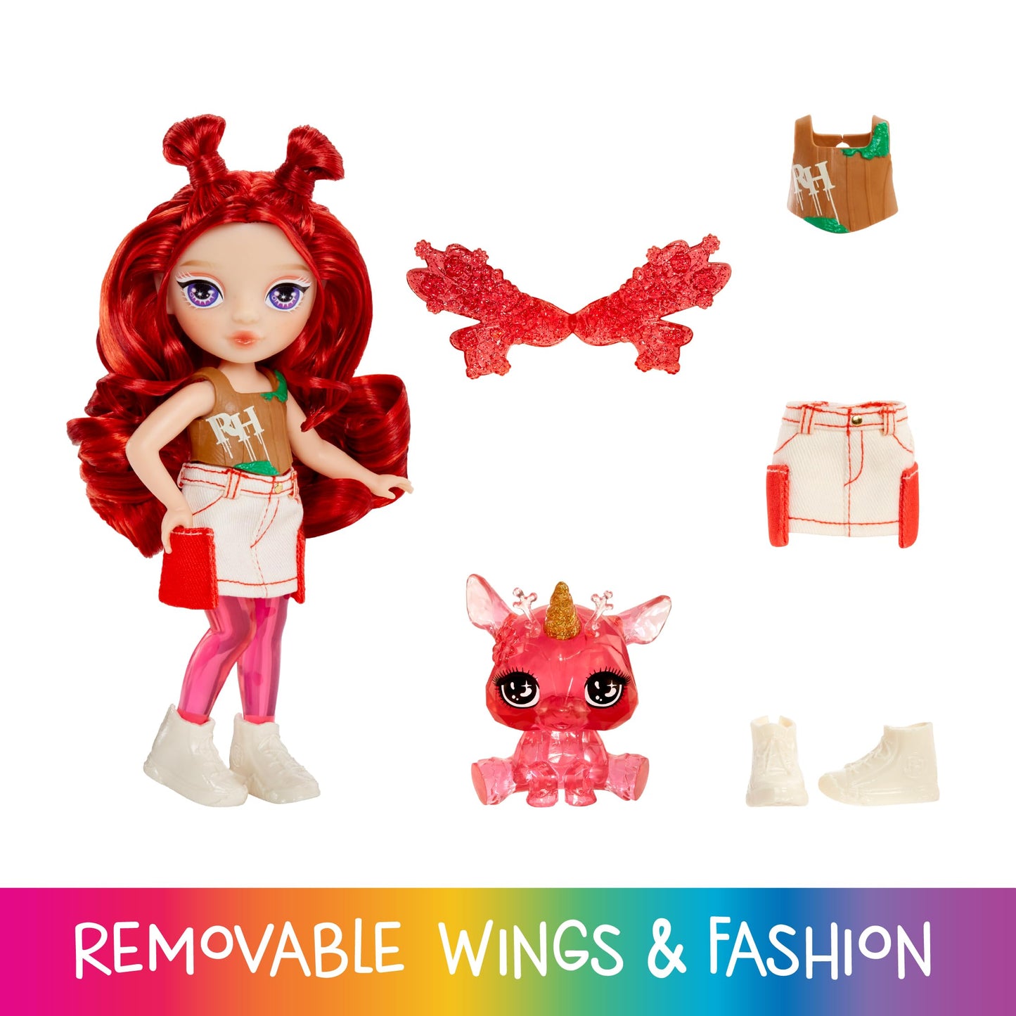 Rainbow High Littles Rainbow Fantasy Fairies + Pet - Apple, Red 5.5" Posable Small Doll & Fantasy Deer Pet with Interchangeable Fairy Wings, Kids Gift
