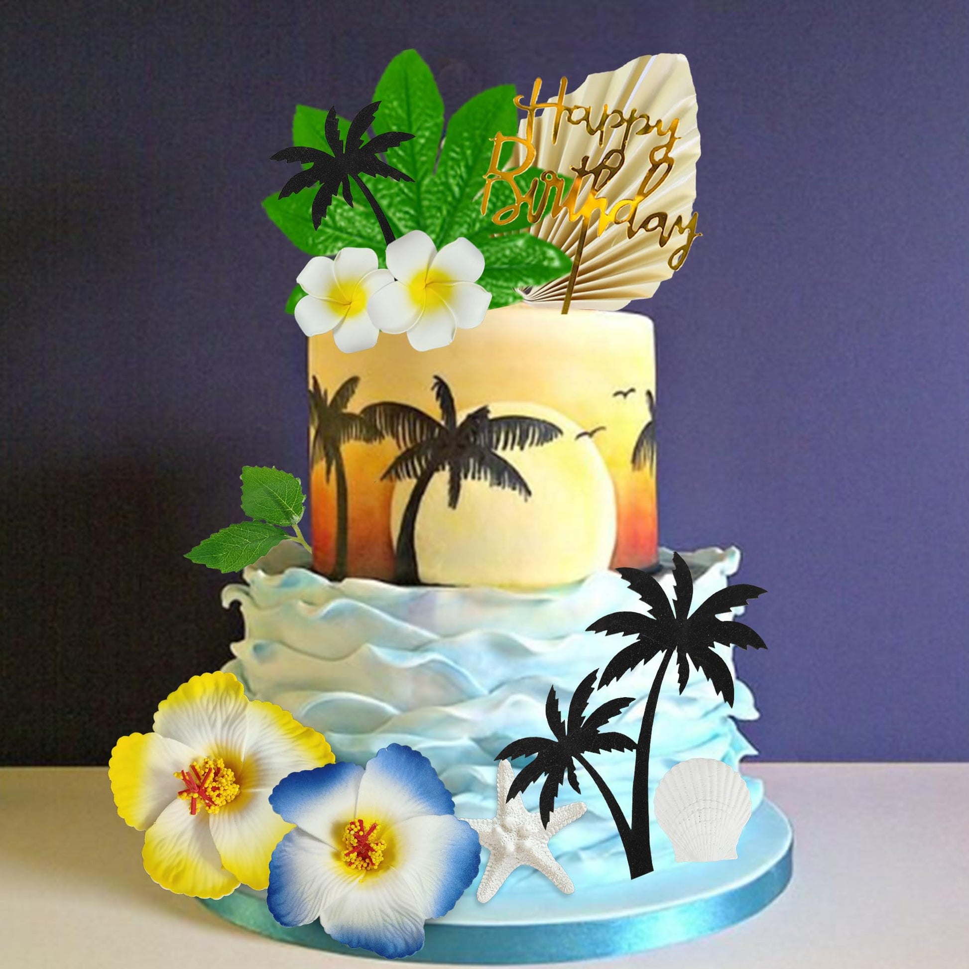 Summer Beach Cake Topper with Flowers Palm Leaves Starfish for Swimming Beach Luau Birthday Supplies (Style 1)