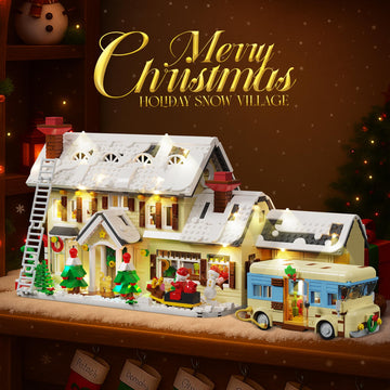 PleyWalden Christmas Village Building Blocks Set with LED Lights, 2098pcs Snow Cabin & Camper Holiday Scene Model Kit, Winter Vacation Building Toy