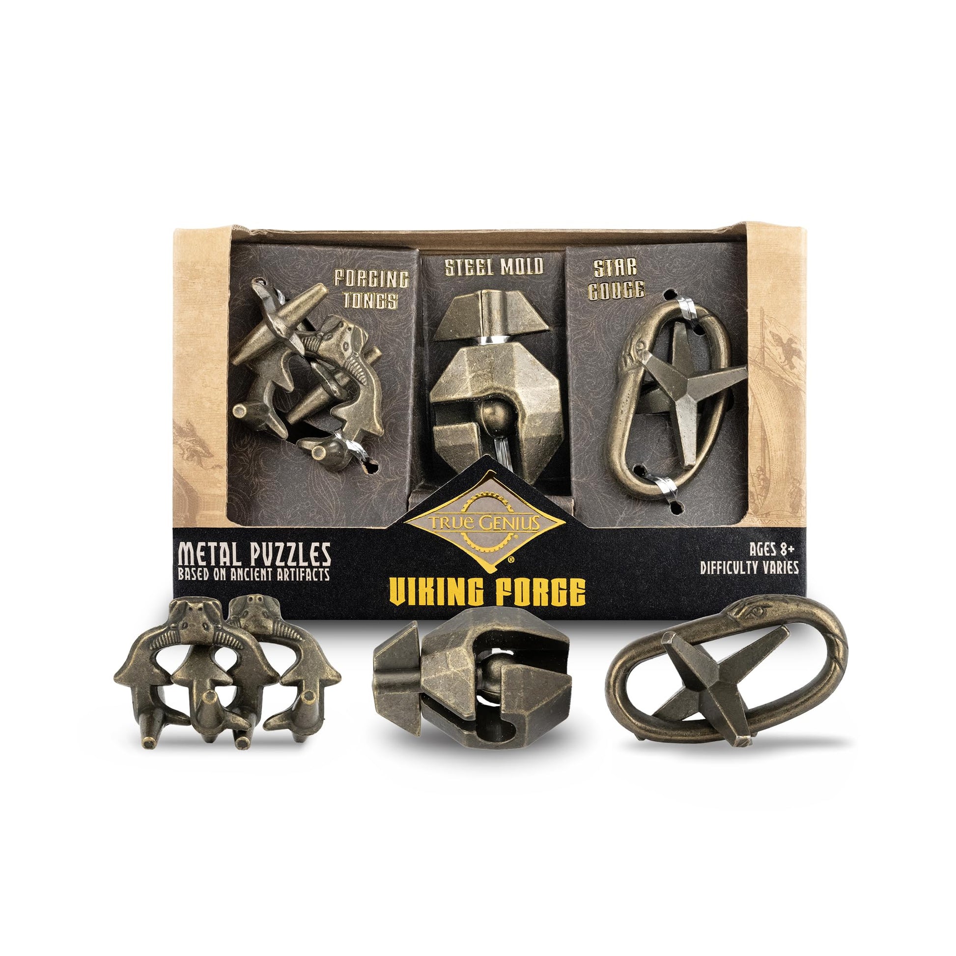 True Genius: Viking Forge - 3 Cast Metal Brainteaser Puzzles, Disentanglement Puzzle, Difficulty Level 3-5, Project Genius, Ages 8+