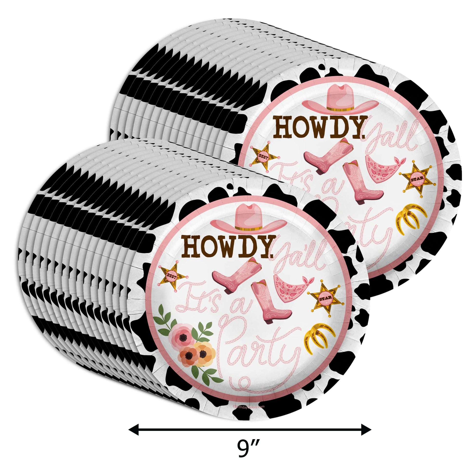 Birthday Galore Howdy Y’all Cowgirl Plates - 32 Pieces, 9" Round Disposable Tableware with Western Design Theme - Fun and Bright Colorful Tableware