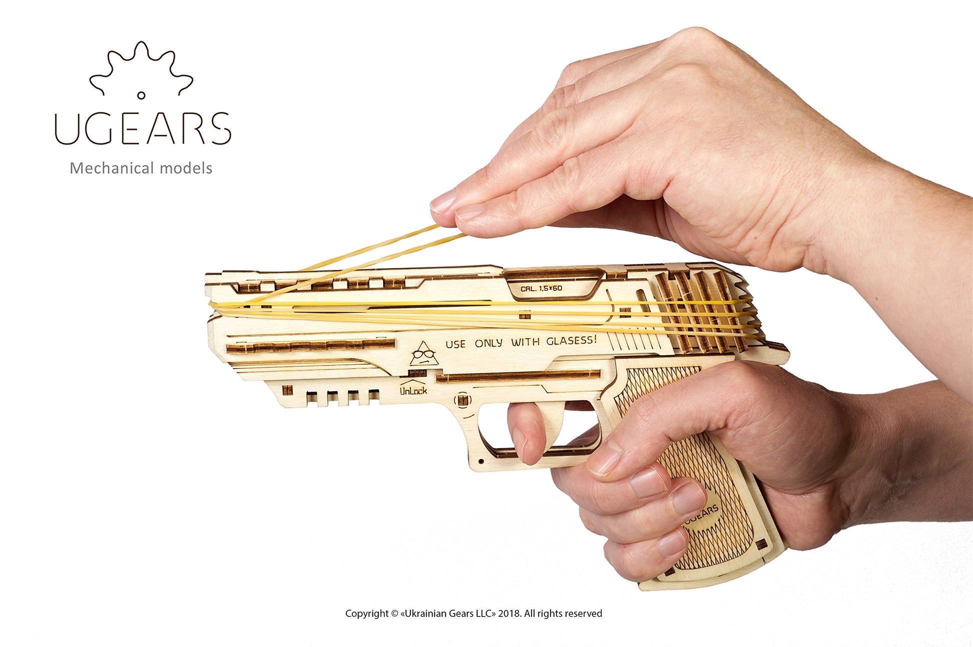 UGEARS Wolf-01 Handgun 3D Wooden Puzzles for Adults - Wooden Model Kits for Adults Rubber Space Band Handguns Mechanical Handgun Models Wood Puzzle