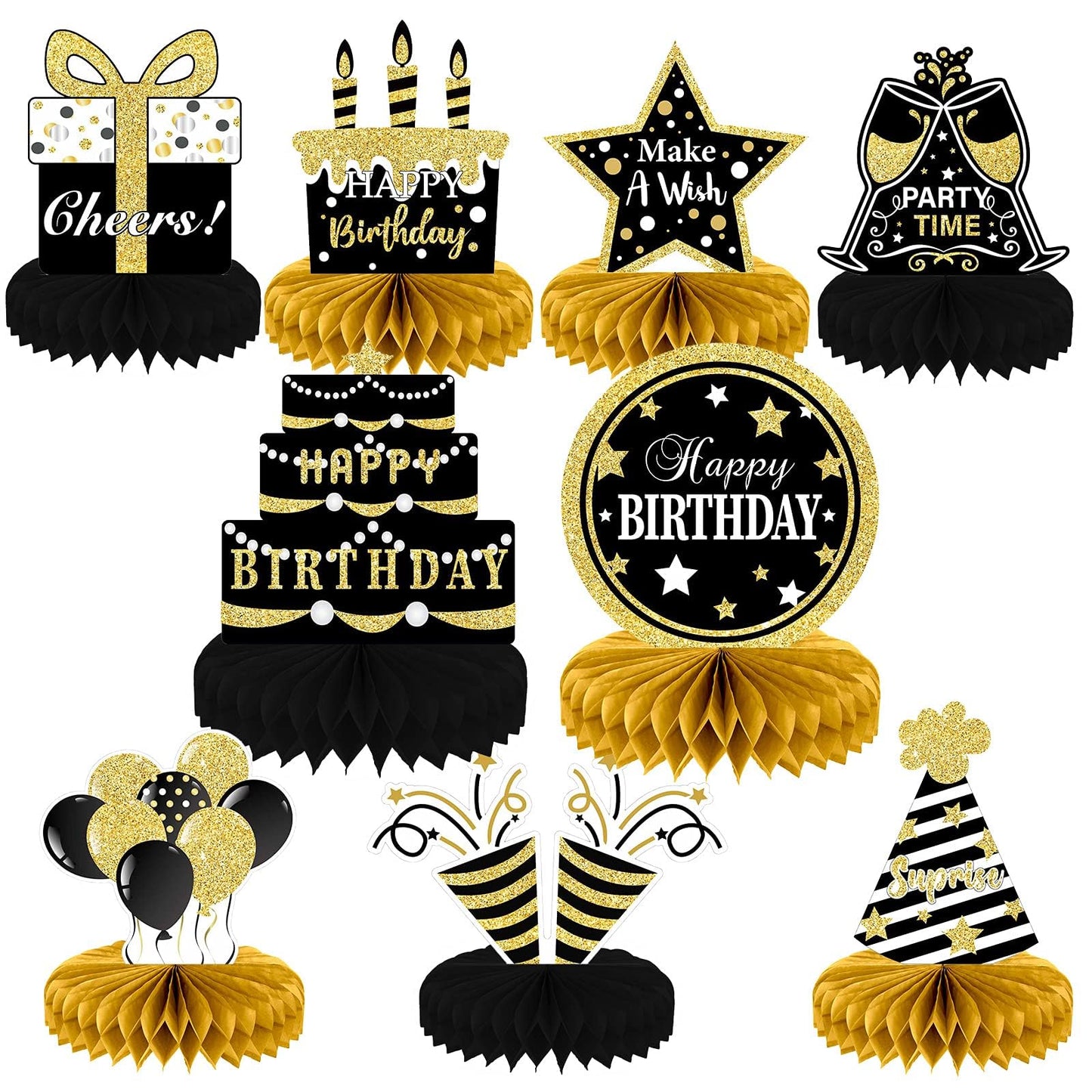 Tevxj 9 Pieces Black Gold Birthday Decorations: Honeycomb Table Toppers & Centerpieces for Tables, Happy Birthday Party Supplies