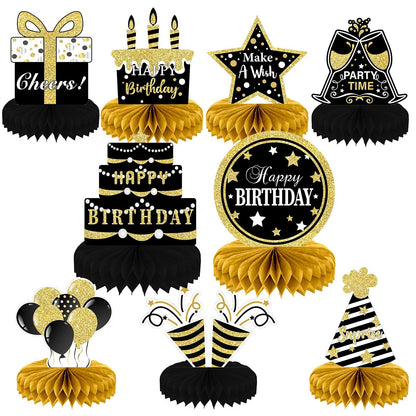 Tevxj 9 Pieces Black Gold Birthday Decorations: Honeycomb Table Toppers & Centerpieces for Tables, Happy Birthday Party Supplies
