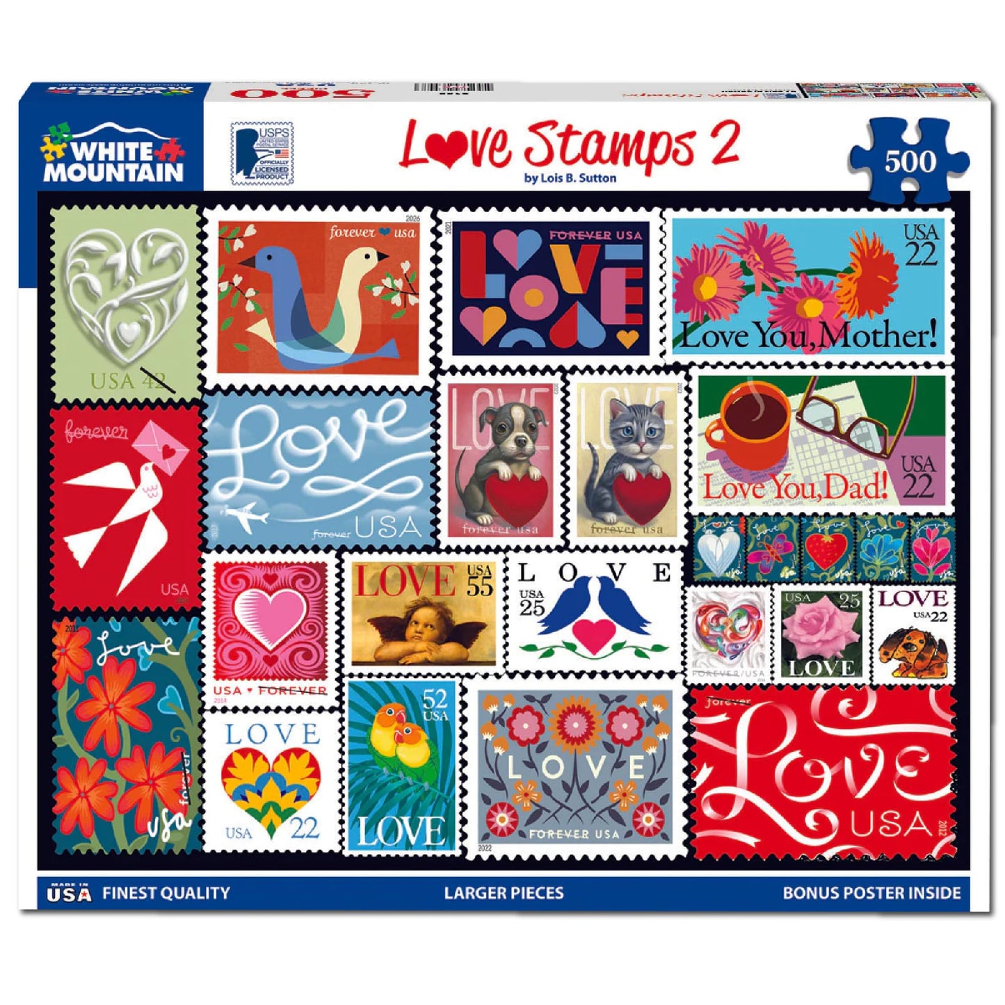 White Mountain 500 Piece Jigsaw Puzzle Valentine's day Collage Puzzle with Large Pieces Gift for Adults and Family 18” x 24” - Love Stamps 2