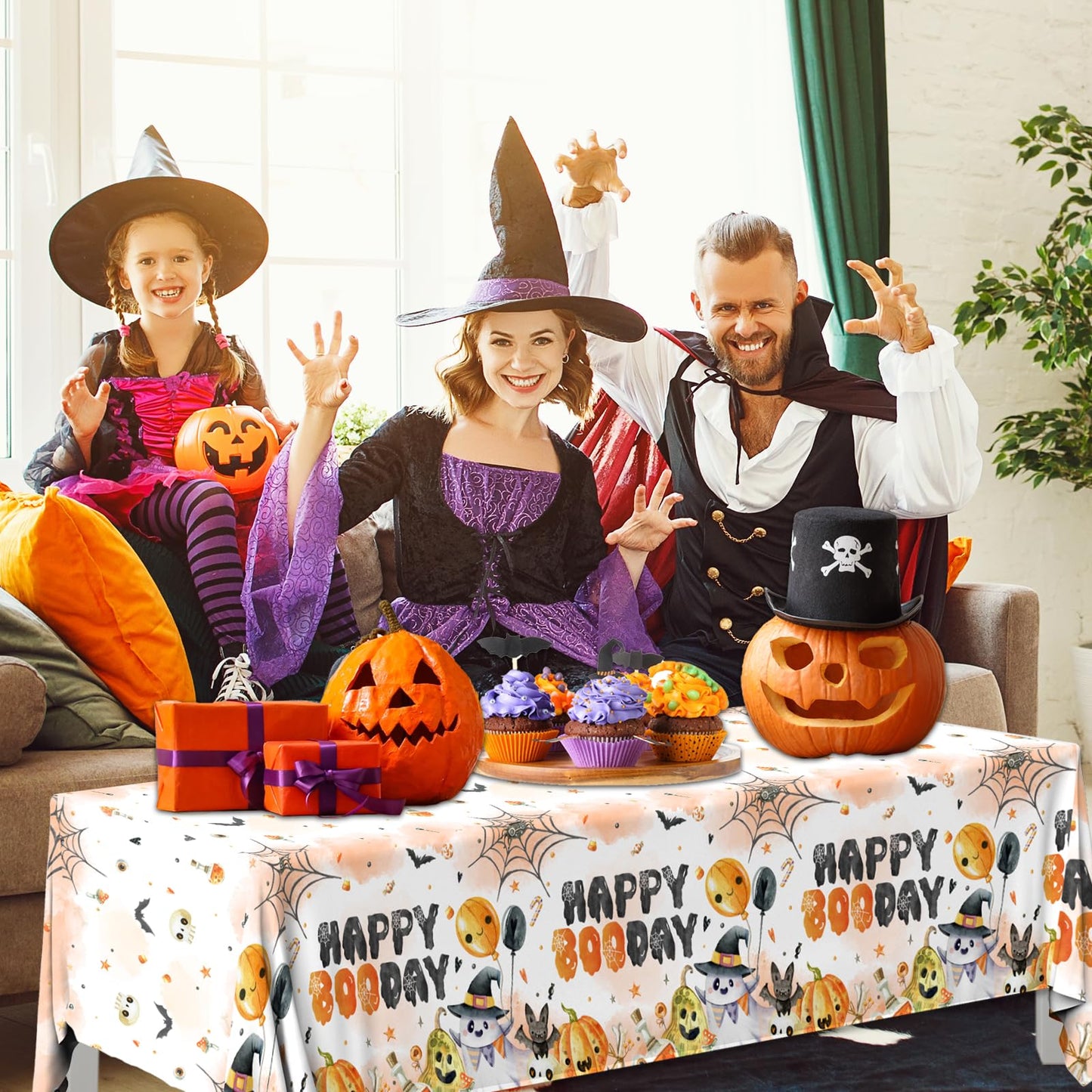 CMUSKO Halloween Happy Boo Day Tablecloth, 3Pcs Orange Black Ghost Pumpkins Plastic Booday Tablecloth,Boo Day Table Cover for Halloween Birthday Baby