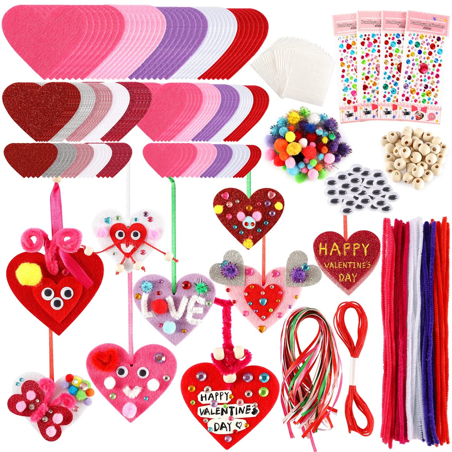Valentine's Day Crafts for Kids - 361PCS DIY Heart Craft Set for School Gift, 108 Hearts, 50 Googly Eyes, 60 Pom Poms, 36 Wooden Beads, Craft Supplies