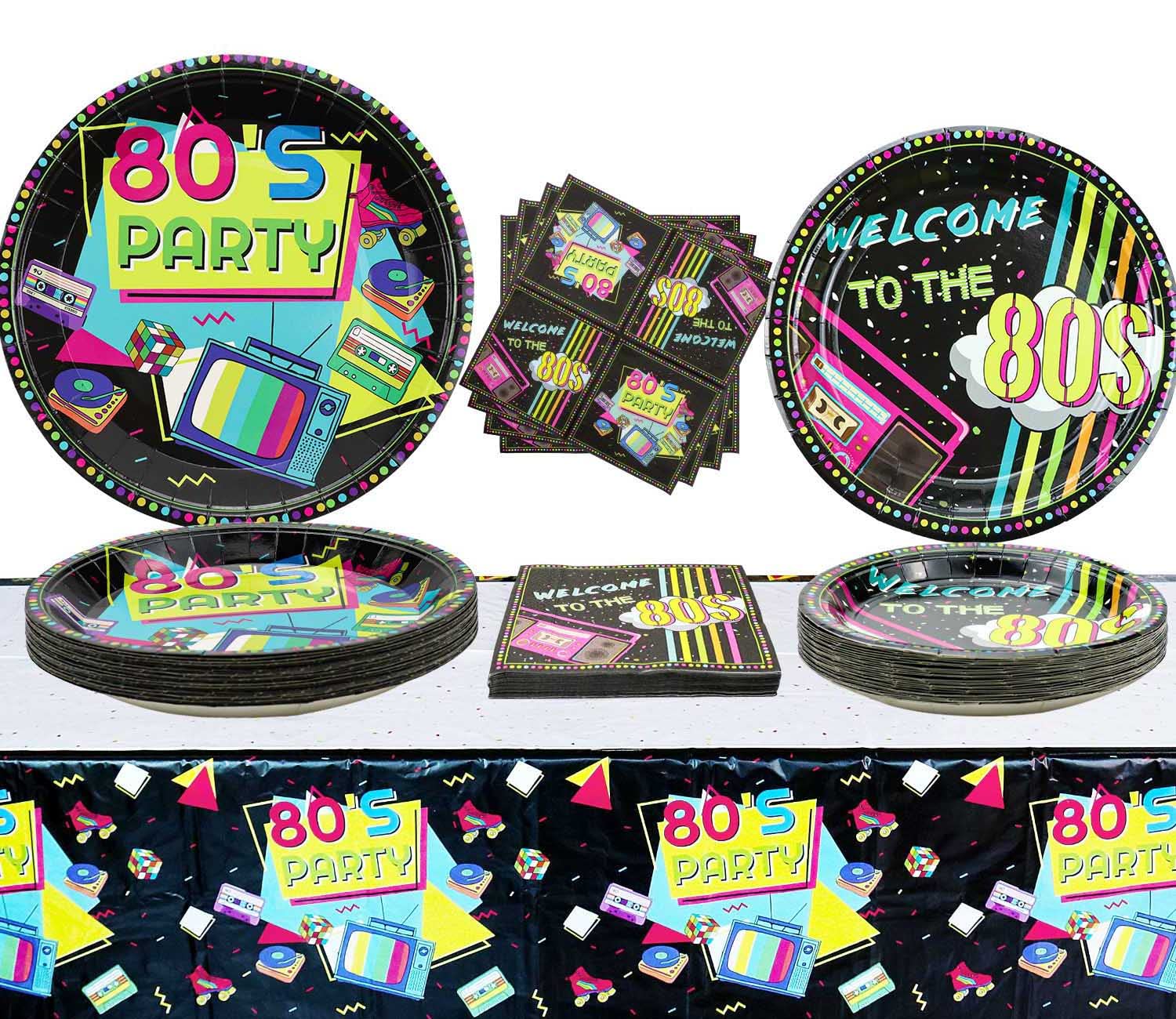 Hegbolke 80s Party Supplies - 122 Pcs Plates, Napkins, Tablecloth Set for Back to the 80s Party Decorations - Serves 40
