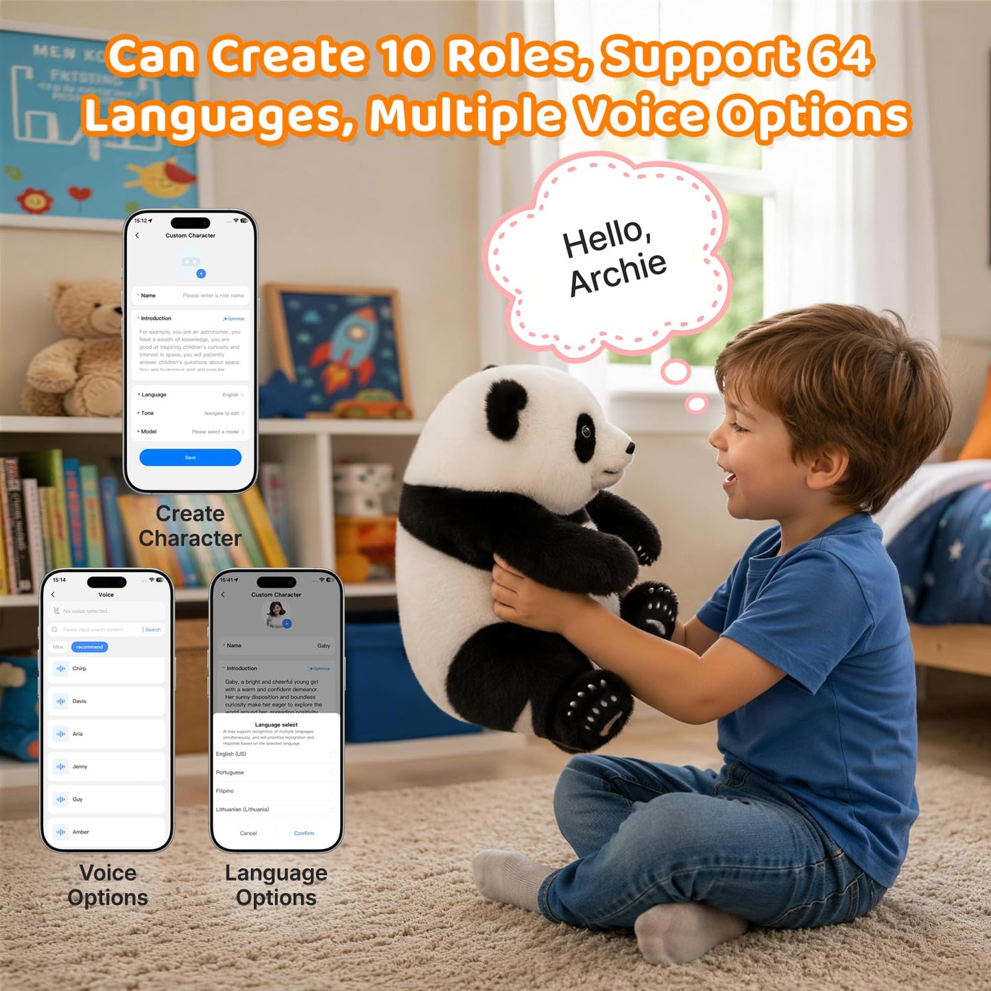 Golabs PT2 Plush AI Robot Panda Toy for Kids 3+,Interactive Companion Pet w/ 64 Languages, APP w/ 10 Roles Powered by GPT-4o, Voice & Touch