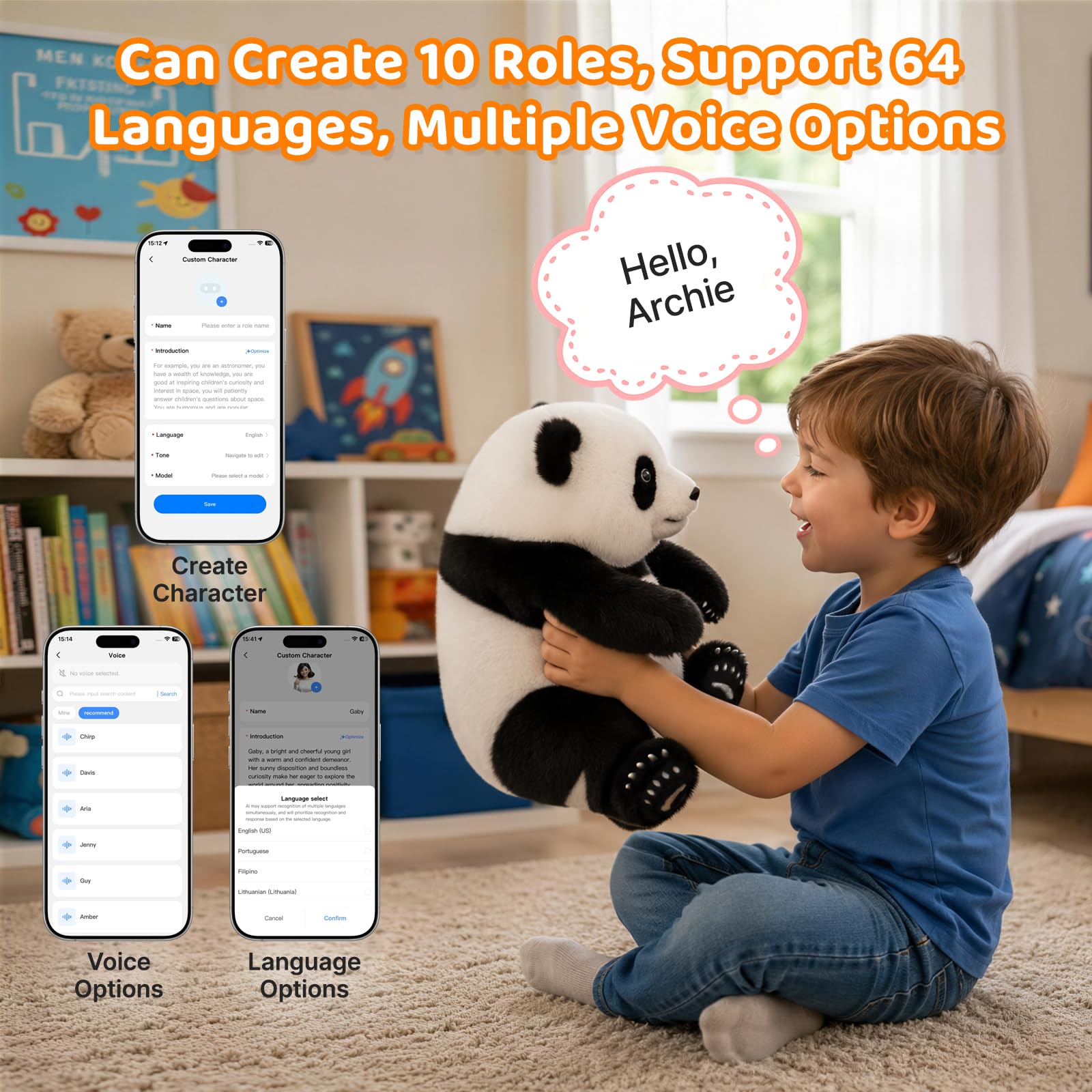 Golabs PT2 Plush AI Robot Panda Toy for Kids 3+,Interactive Companion Pet w/ 64 Languages, APP w/ 10 Roles Powered by GPT-4o, Voice & Touch