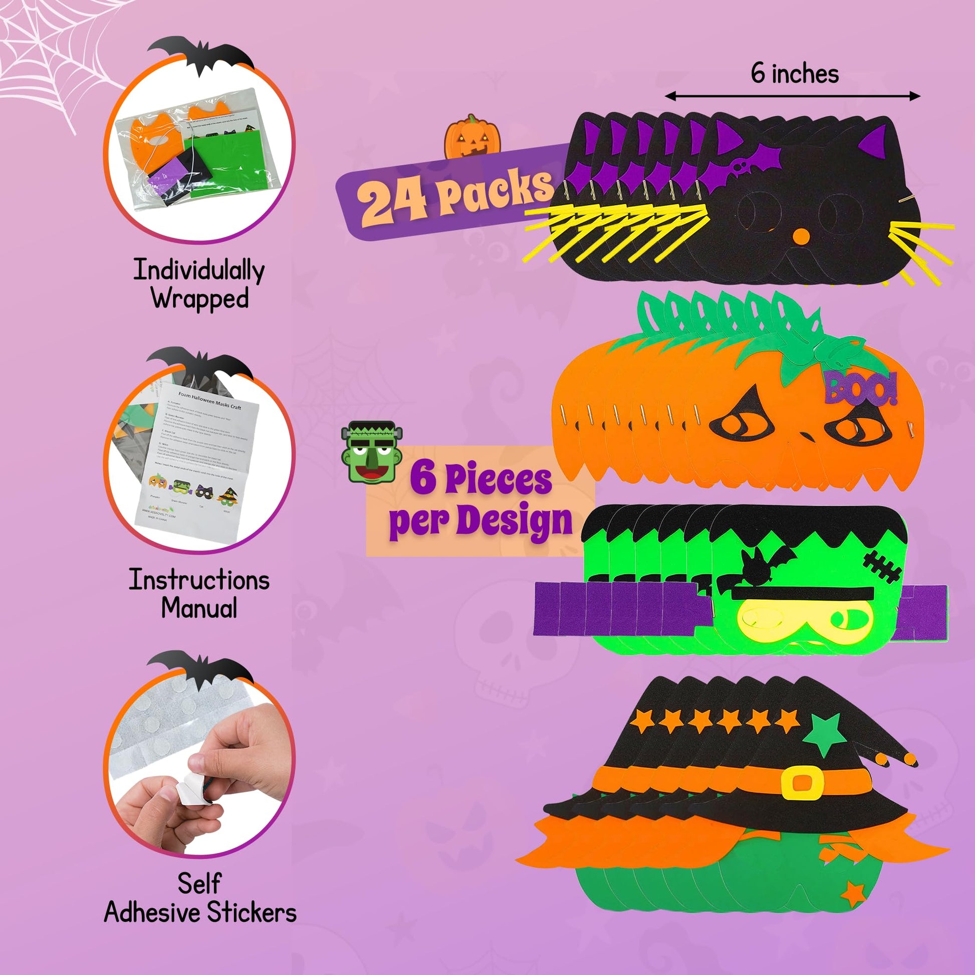 4E's Novelty Halloween Crafts for Kids Bulk 24 Pack, Self Adhesive Mask Foam Craft Kit Fall Crafts, School Home Group Activities, Party Supplies