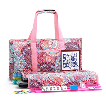 Kyerlish American Mahjong Tile Set with Pink Printed Carrying Bag, 166 Blue Tiles, 4 All-in-One Color Racks/Pushers, Mah Jongg Sets, Mahjong Game Set