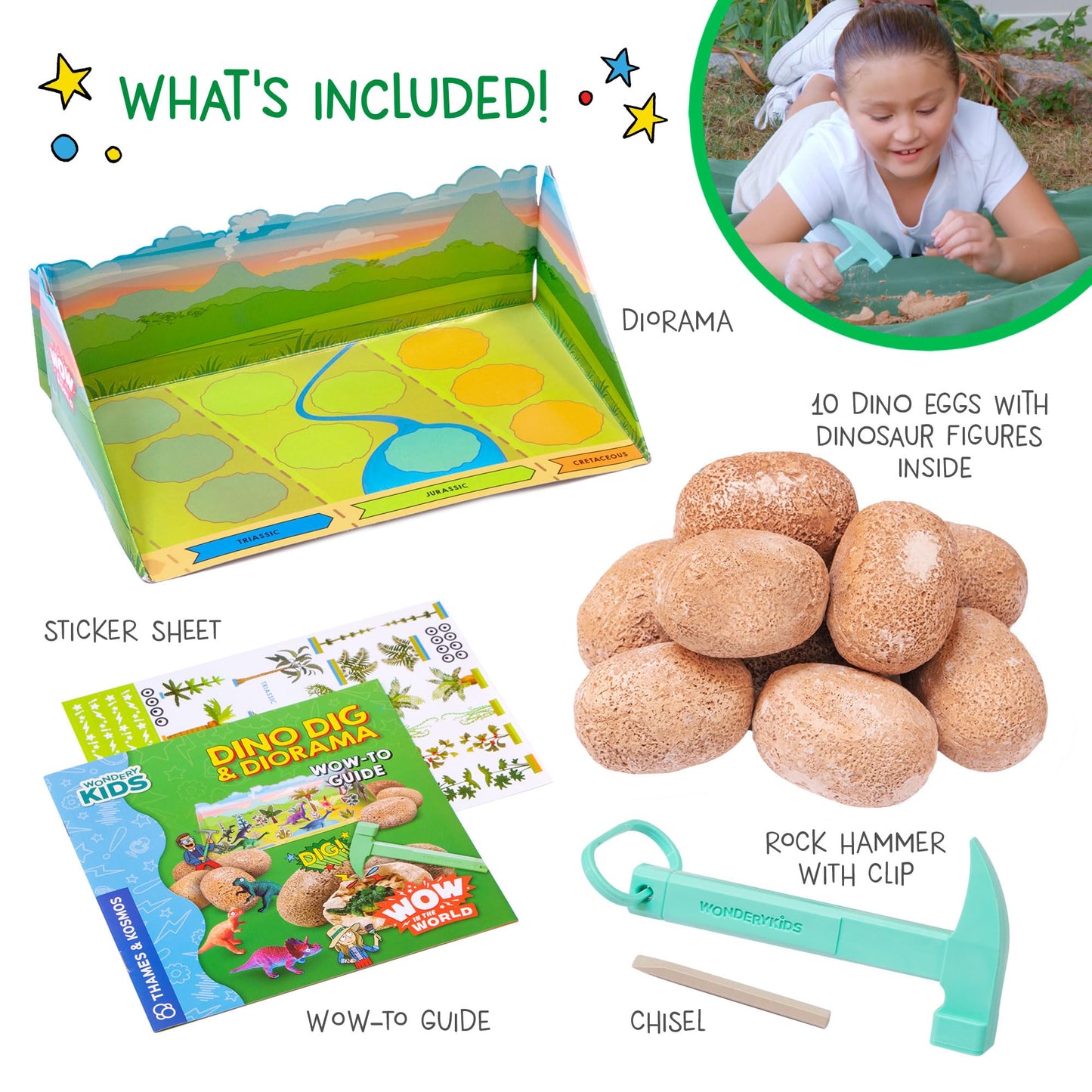 Wow in the World Dino DIG & Diorama | 10 Dig-Out Plaster Dinosaur Eggs, Prehistoric DIY Diorama, Companion Audio Content, Bonus Reusable Science Tool