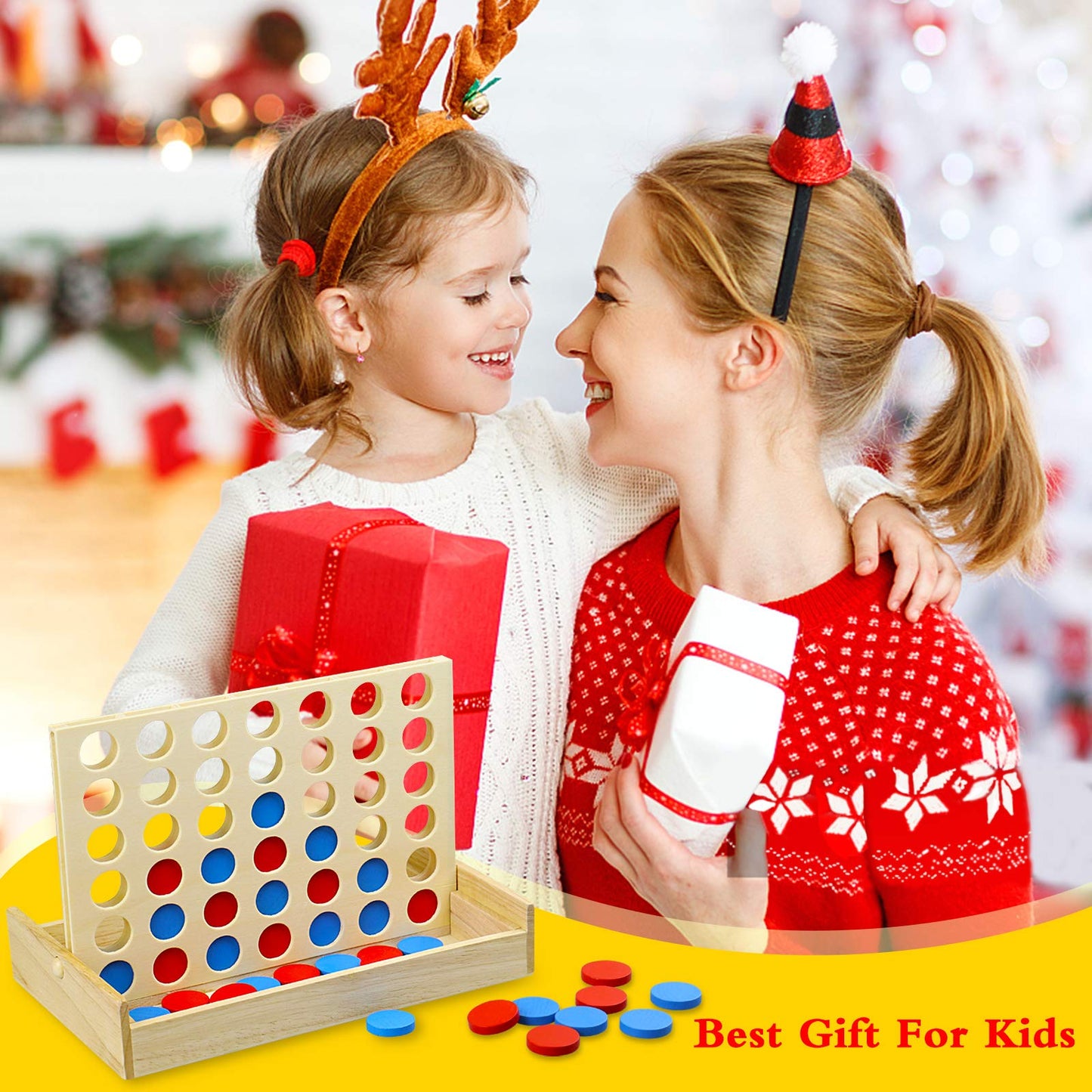 Arfun 4 in a Row Wooden Connect Board Game, Foldable Line up 4 Game, Classic Strategy Family Fun Toy, Wood Connect Game for Kids and Adults (Travel