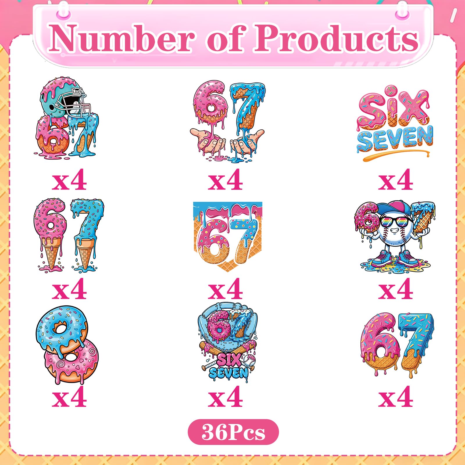 Musaeva 6 7 Birthday Decorations - 36 Pcs 67 Meme Birthday Theme Party Cupcake Toppers Decor, Ice Cream Drip Baseball Cup Cake Toppers Party Supplies