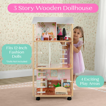Delta Children Moveable Mansion Dollhouse - 360-Degree Play Dollhouse with Wheeled Base - Includes 16 Accessories - Fits 12-inch Dolls - Pretend Play