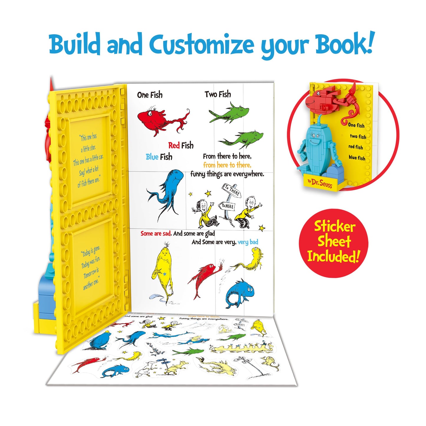 Brickcraft Dr. Seuss One Fish Two Fish Red Fish Blue Fish Building Set (110 Pieces) - Christmas for Kids & Adults, Book Display, Includes Sticker