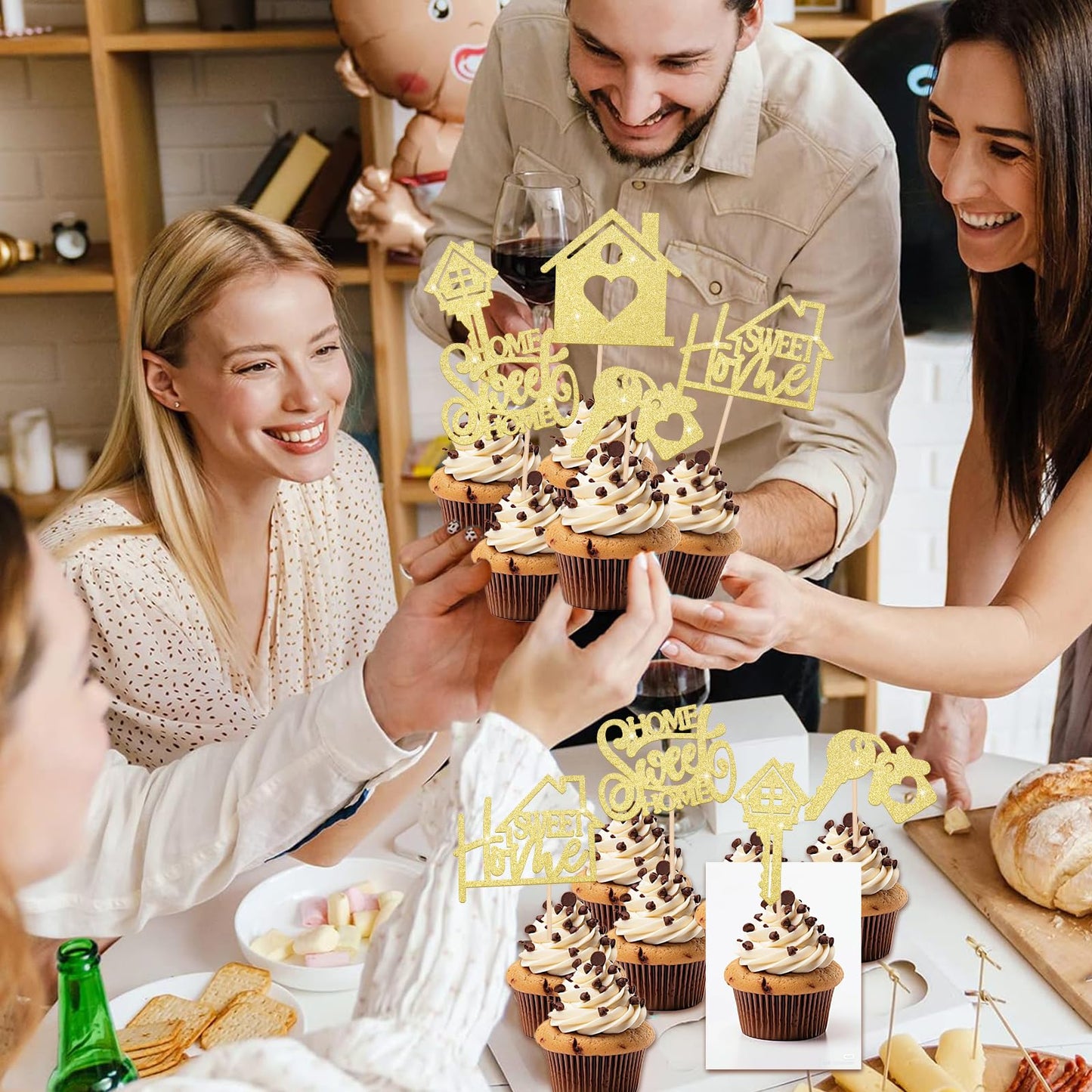 Sweet Home Happy Birthday Cupcake Toppers Gold Glitter Party Decoration